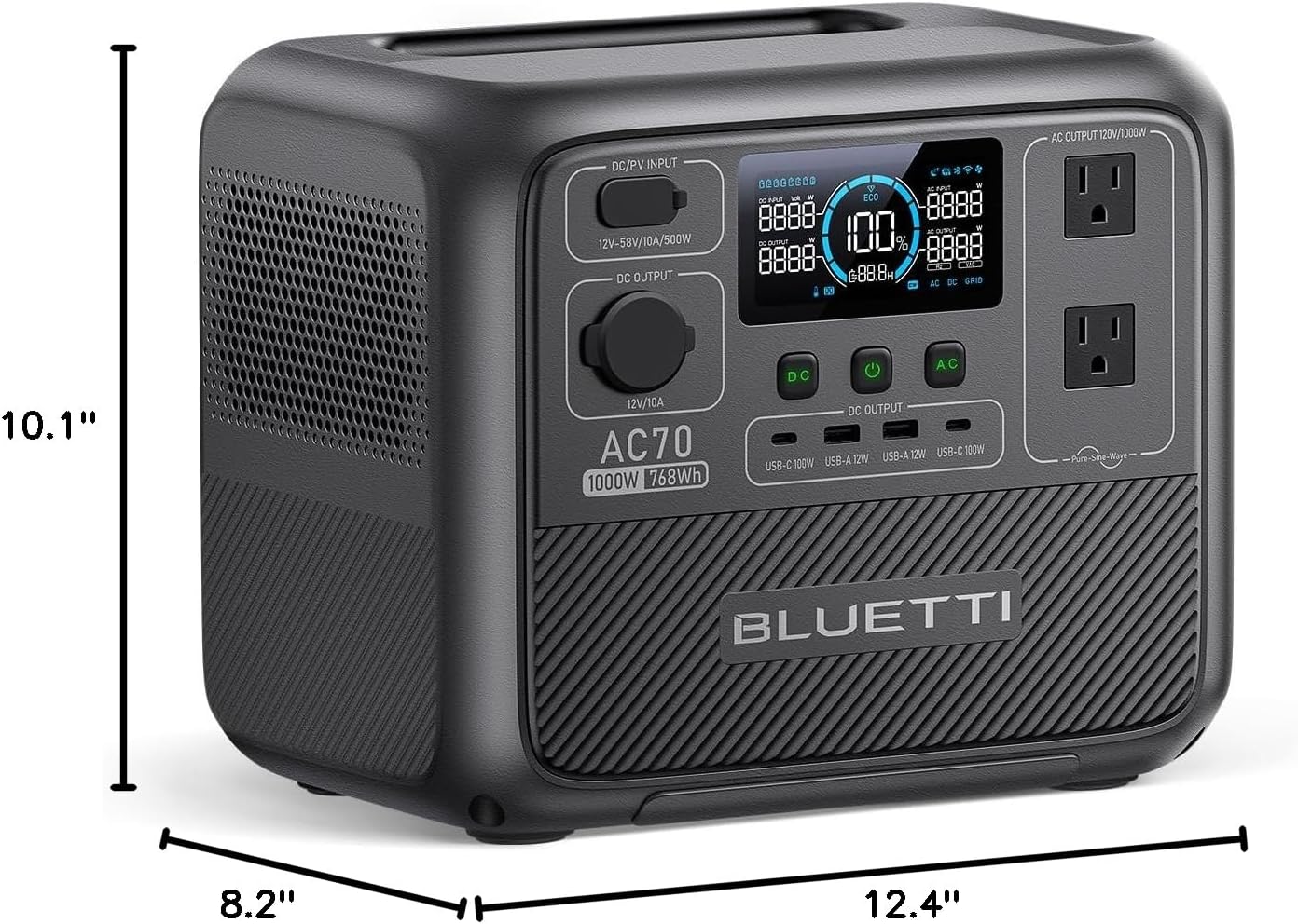 BLUETTI AC70 Portable Power Station, 768Wh LiFePO4 Battery Backup w/ 2 1000W AC Outlets (Power Lifting 2000W), 100W Type-C, Solar Generator for Road Trip, Off-grid, Power Outage (Solar Panel Optional)