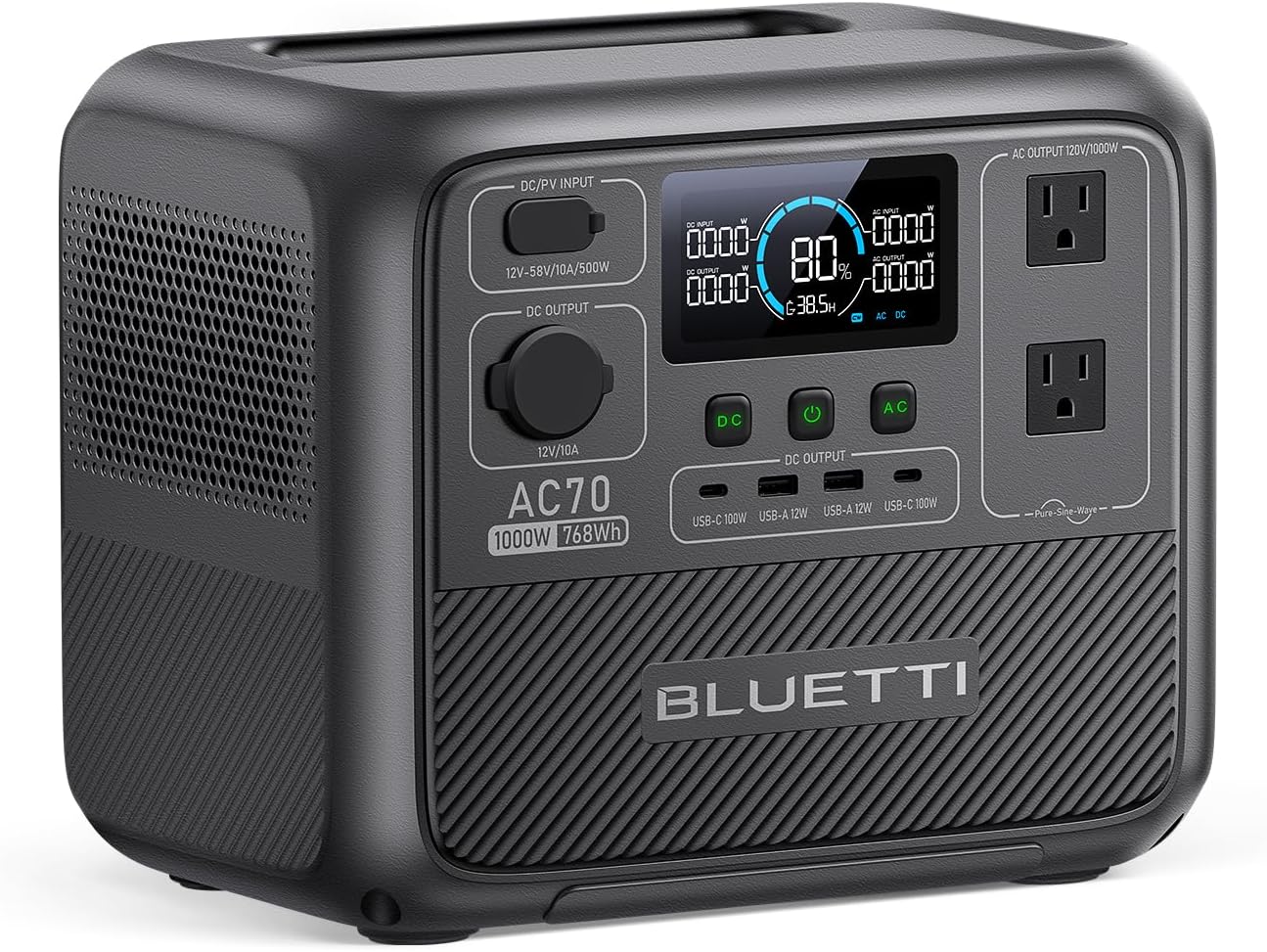 BLUETTI AC70 Portable Power Station, 768Wh LiFePO4 Battery Backup w/ 2 1000W AC Outlets (Power Lifting 2000W), 100W Type-C, Solar Generator for Road Trip, Off-grid, Power Outage (Solar Panel Optional)