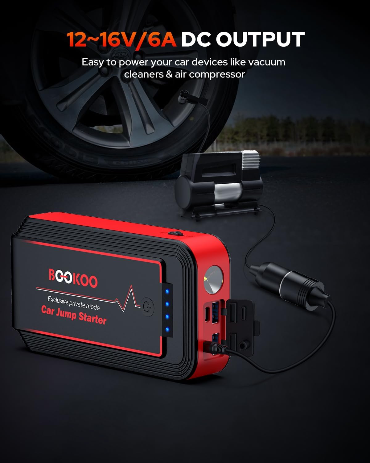 BOOKOO Portable Car Jump Starter with Air Compressor, 3000A 150PSI Jumpe Starter Battery Pack, 12V Car Battery Booster Jump Box with USB 3.0 Display Screen LED Light and 4 Pumping Modes