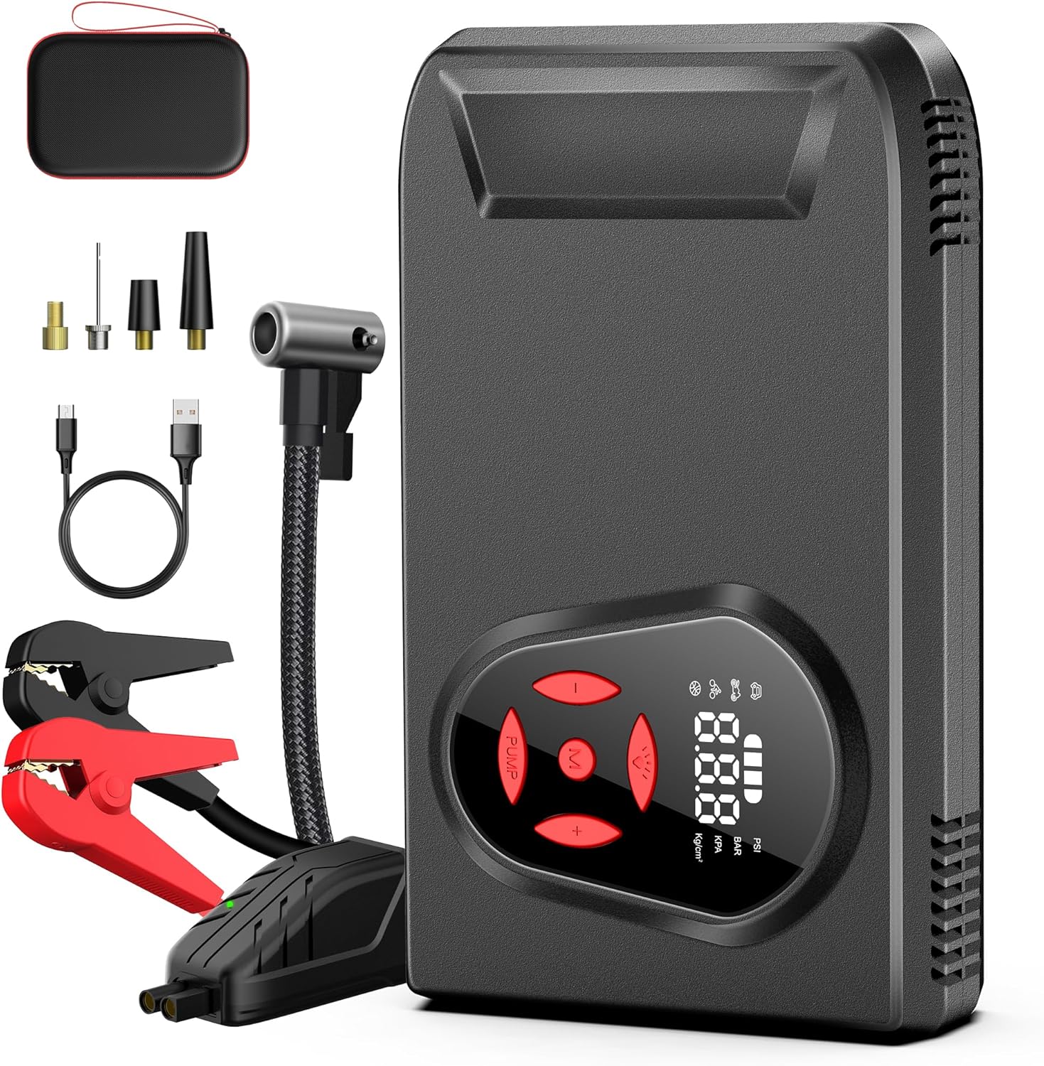 BOOKOO Portable Car Jump Starter with Air Compressor, 3000A 150PSI Jumpe Starter Battery Pack, 12V Car Battery Booster Jump Box with USB 3.0 Display Screen LED Light and 4 Pumping Modes