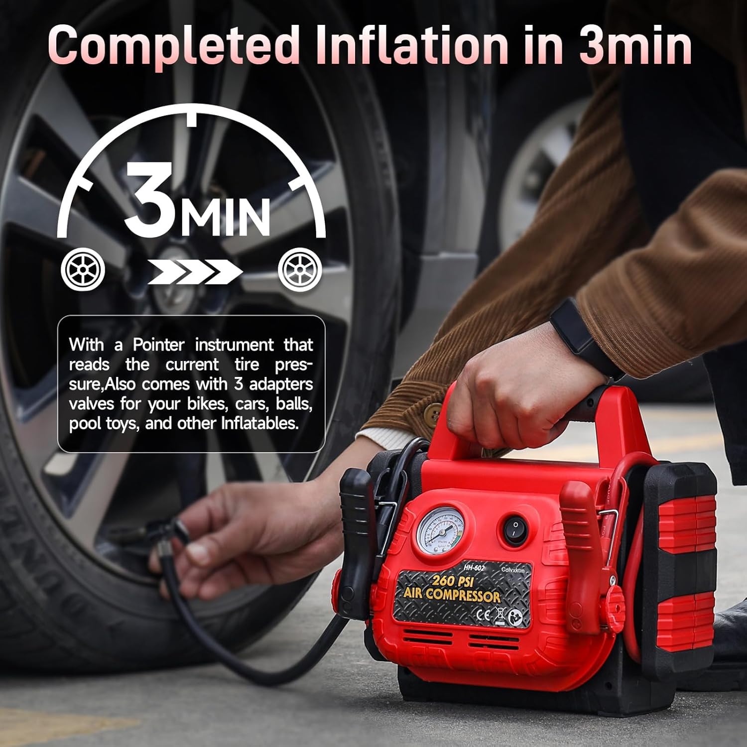 Car Battery Jump Starter with Air Compressor 1000Amp Portable Car Jump Starter(Satisfy 5L Gas/Diesel),12V Car Battery Charger with 260PSI Tire Inflator, Jumper Cable with USB/DC Port