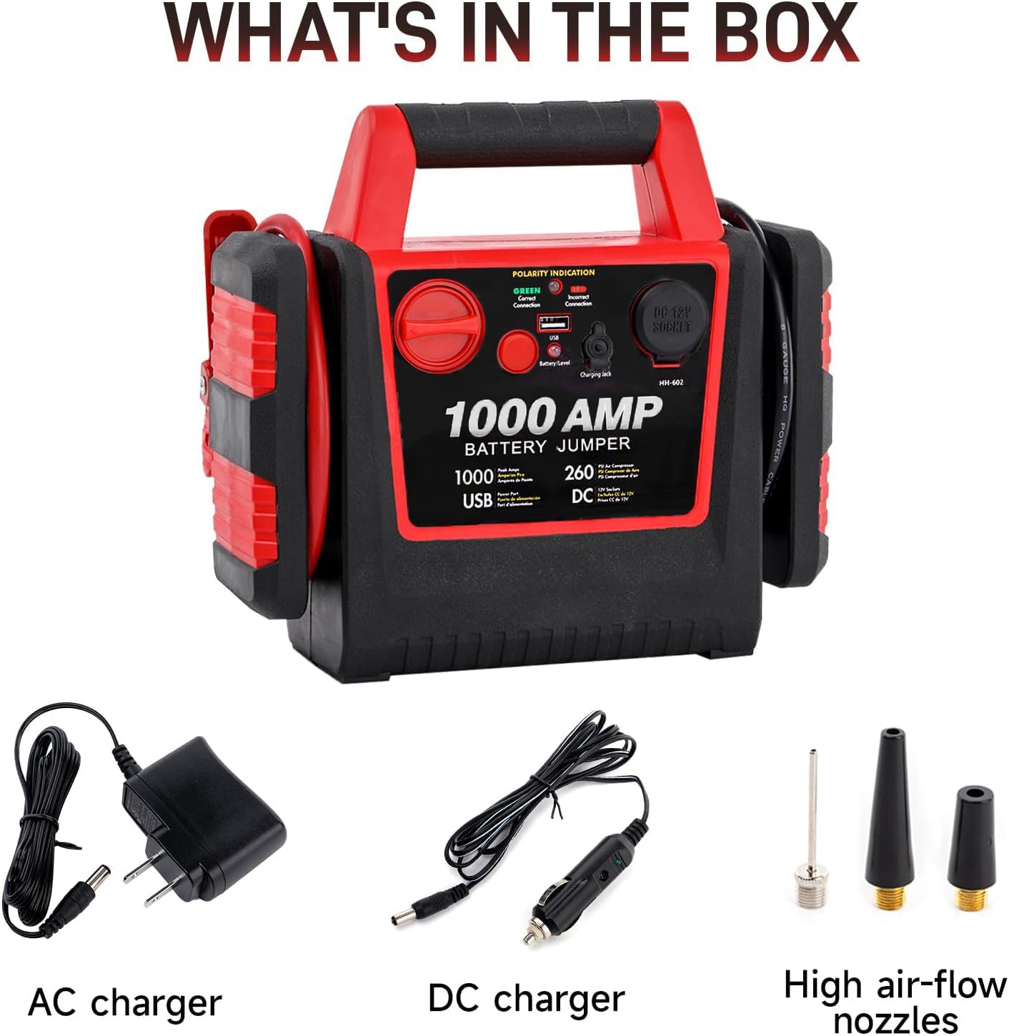 Car Battery Jump Starter with Air Compressor 1000Amp Portable Car Jump Starter(Satisfy 5L Gas/Diesel),12V Car Battery Charger with 260PSI Tire Inflator, Jumper Cable with USB/DC Port