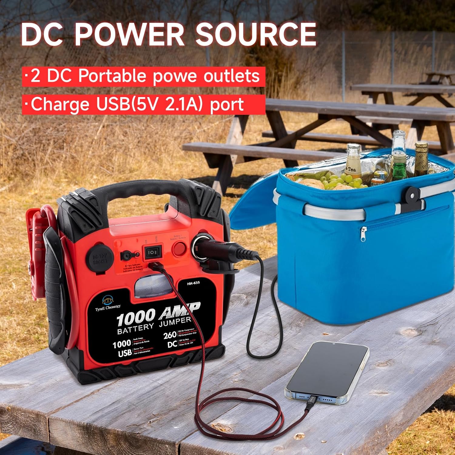 Car Battery Jump Starter with Air Compressor Portable Tire Inflator,260PSI 1000Amp Battery Booster Jumper Box(Up to 5L Gas or 5L Diesel) Power Station 12V DC Outlet USB Port,LED Light