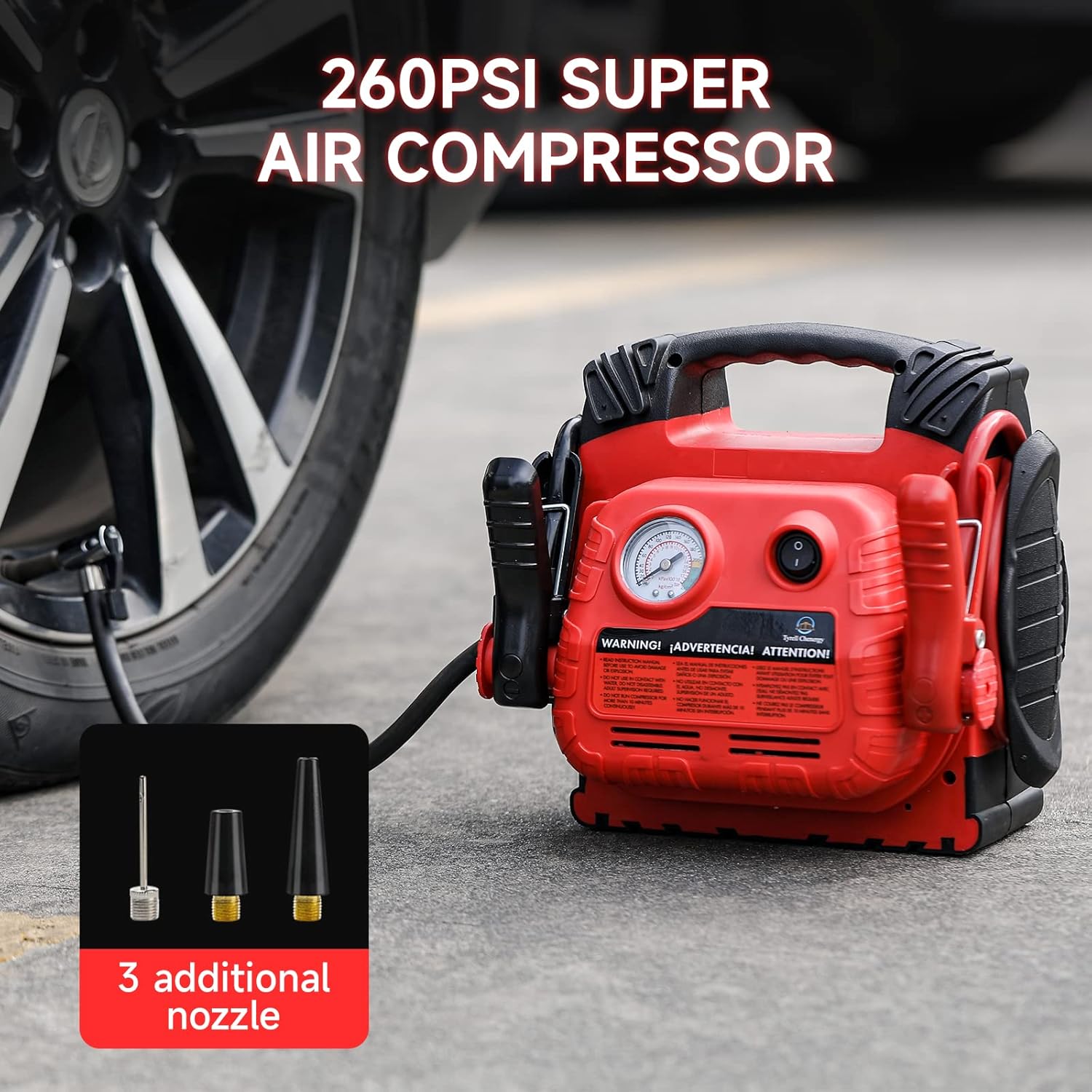 Car Battery Jump Starter with Air Compressor Portable Tire Inflator,260PSI 1000Amp Battery Booster Jumper Box(Up to 5L Gas or 5L Diesel) Power Station 12V DC Outlet USB Port,LED Light