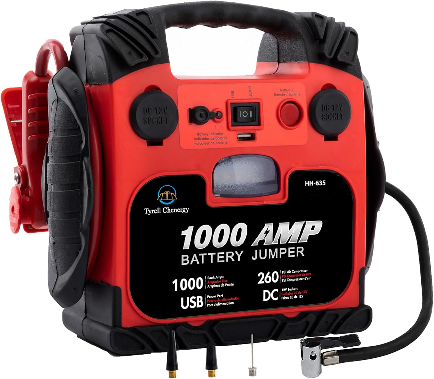 Car Battery Jump Starter with Air Compressor Portable Tire Inflator,260PSI 1000Amp Battery Booster Jumper Box(Up to 5L Gas or 5L Diesel) Power Station 12V DC Outlet USB Port,LED Light