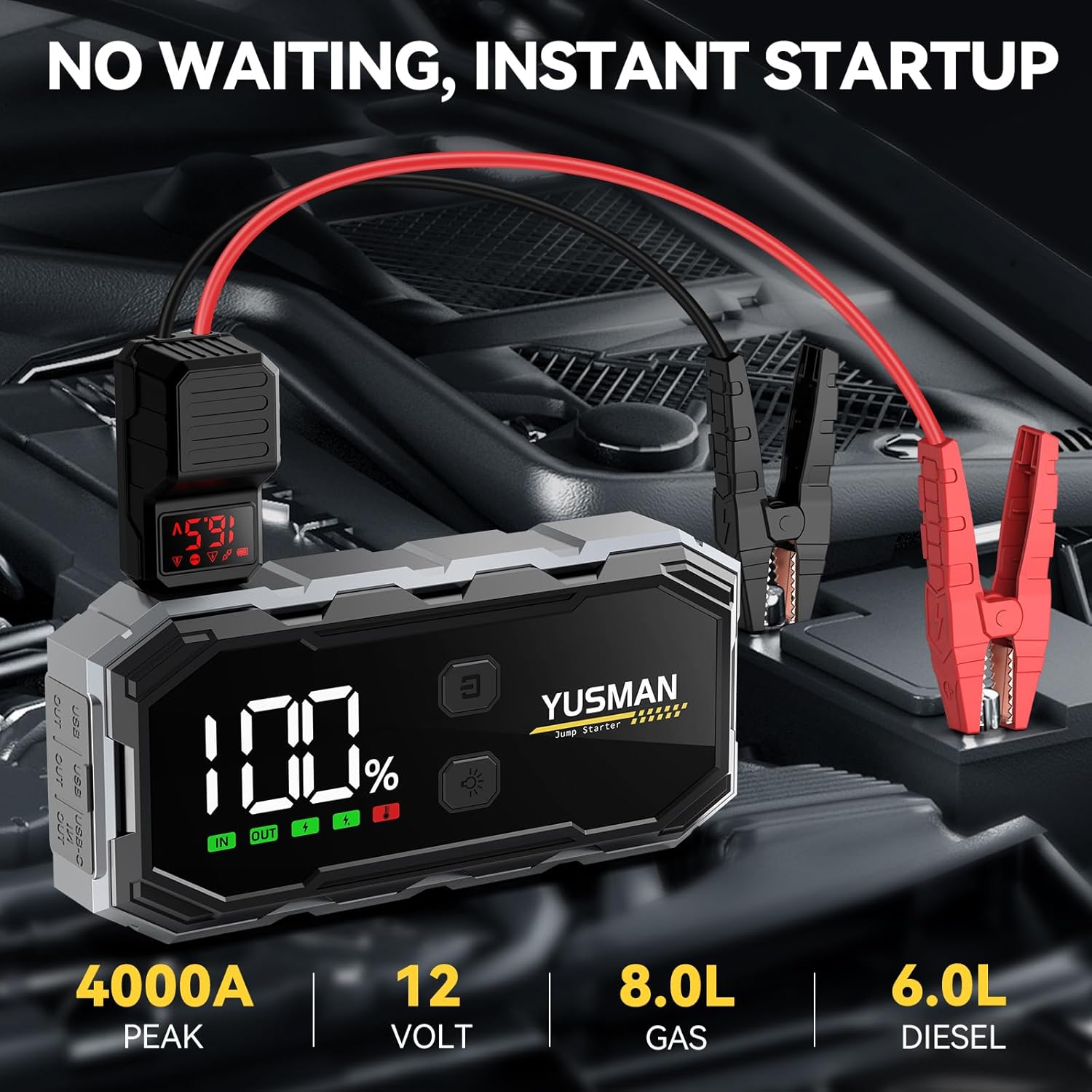 Car Jump Starter, 5000A 12V Jump Starter Battery Pack (All Gas/10.0L Diesel), Safe Car Jumper Box with Display, Car Jump Starter with Extended Smart Jumper Cables, Quick Charge 3.0, LED Light