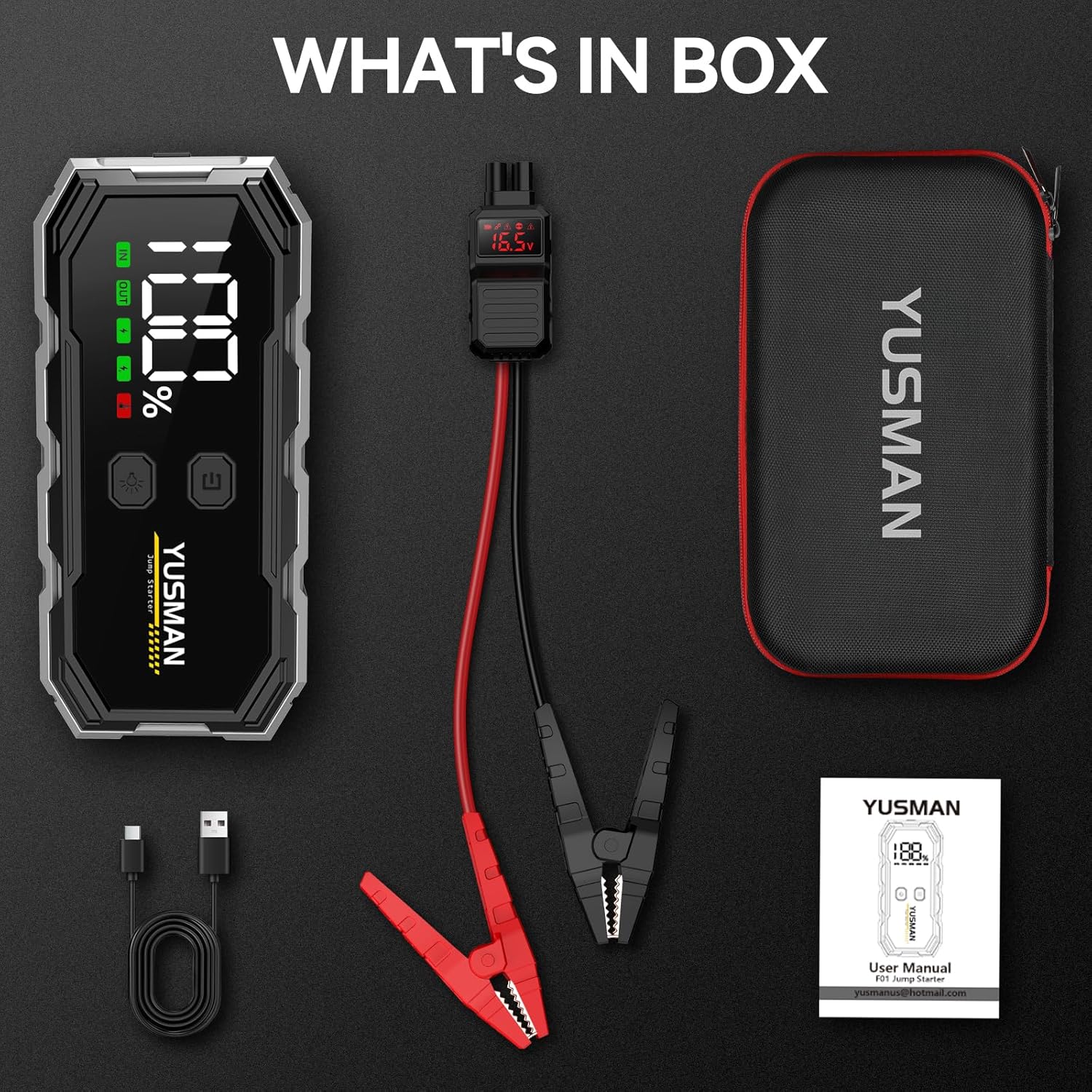 Car Jump Starter, 5000A 12V Jump Starter Battery Pack (All Gas/10.0L Diesel), Safe Car Jumper Box with Display, Car Jump Starter with Extended Smart Jumper Cables, Quick Charge 3.0, LED Light