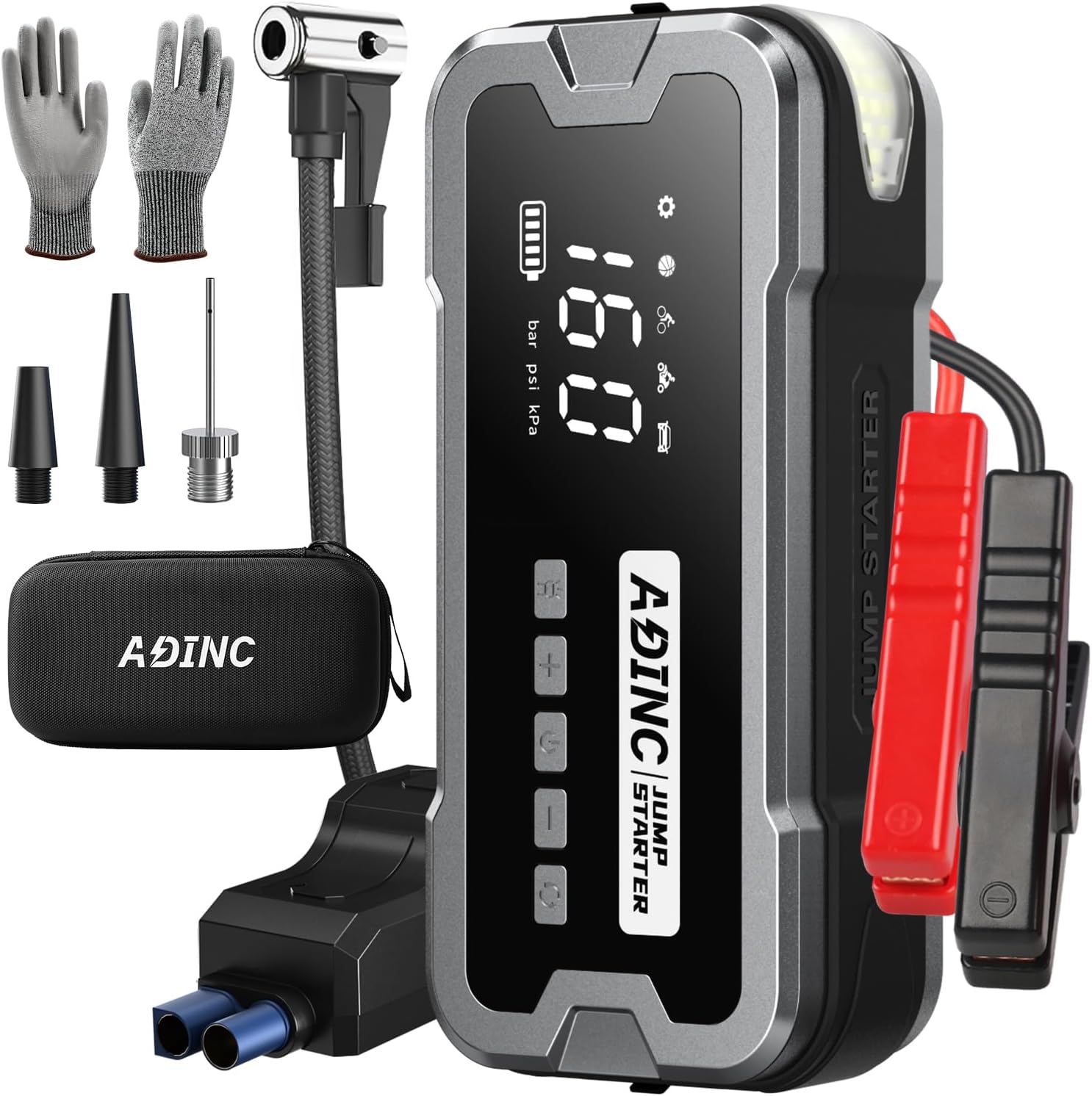 Car Jump Starter with Air Compressor, 160PSI 4000A Portable Car Battery Jump Starter, 12V Jump Box Car Battery Jumper Starter with Large LCD Display, Lights