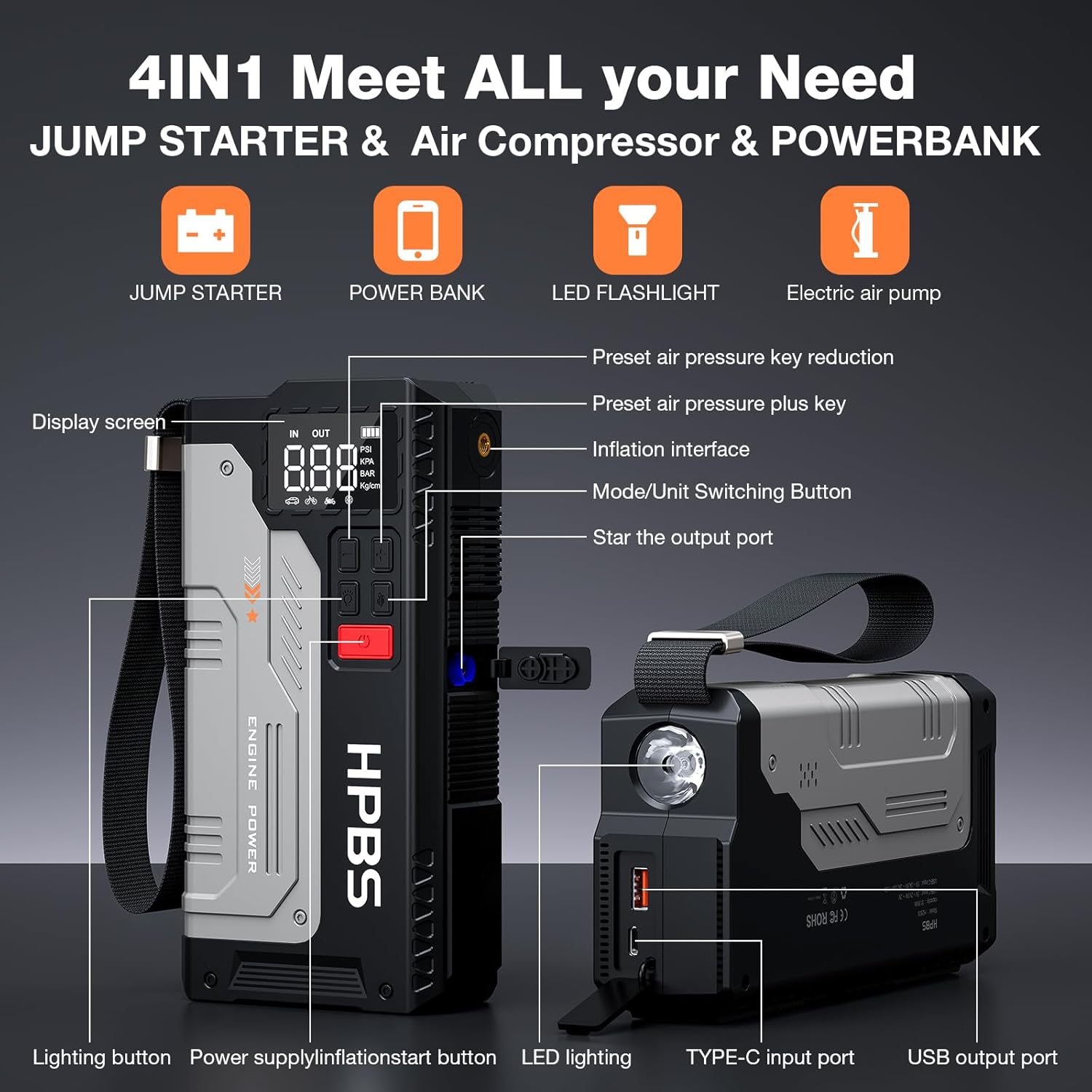 Car Jump Starter with Air Compressor, 5000A Portable Jump Starter Battery Pack with 150PSI Tire Inflator for Up to 9.0L Gas and 8.0L Diesel Engines, 12V Jump Starter Box with LCD Display