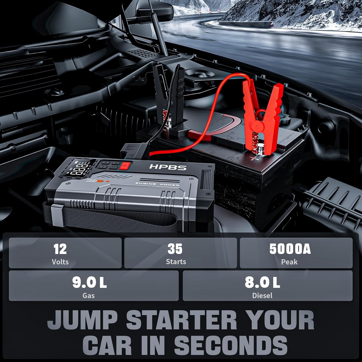 Car Jump Starter with Air Compressor, 5000A Portable Jump Starter Battery Pack with 150PSI Tire Inflator for Up to 9.0L Gas and 8.0L Diesel Engines, 12V Jump Starter Box with LCD Display