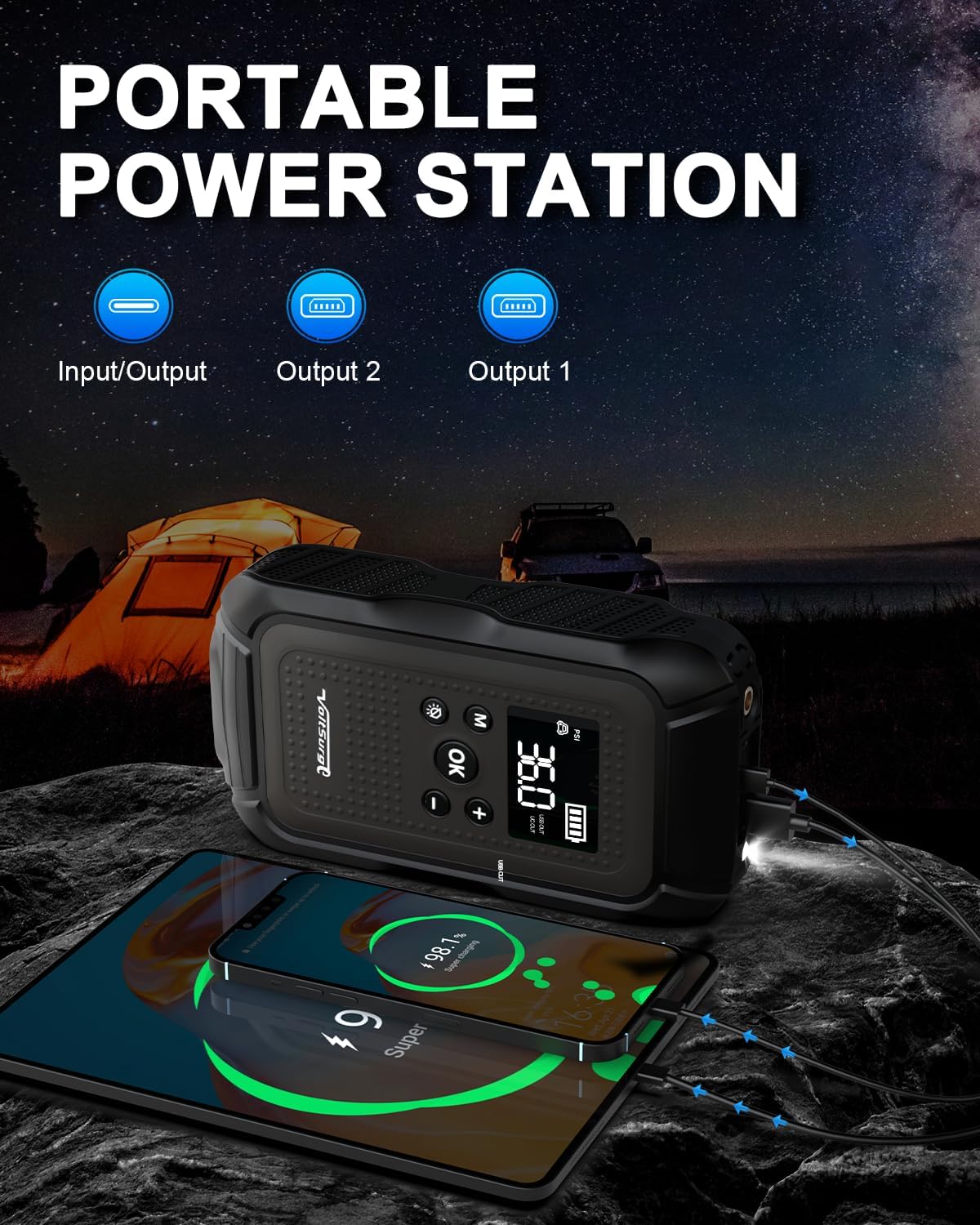 Car Jump Starter with Air Compressor 6000A 150PSI Car Battery Jump Starter Battery Pack (All Gas/10.0L Diesel) 12V Car Emergency Box Car Battery Jump Starter Large LCD Display (6000A)