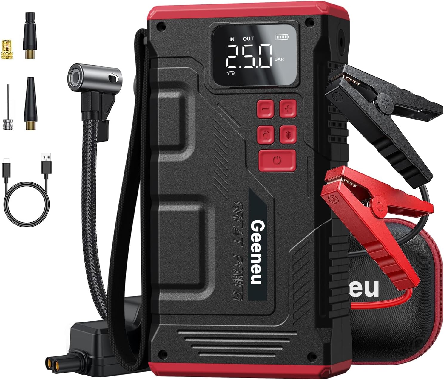 Car Jump Starter with Air Compressor - Geeneu Portable 3500A Car Battery Jumper Starter with 150PSI Digital Tire Inflator (9.0L Gas/7.5L Diesel), 12V Battery Pack Booster Jump Box