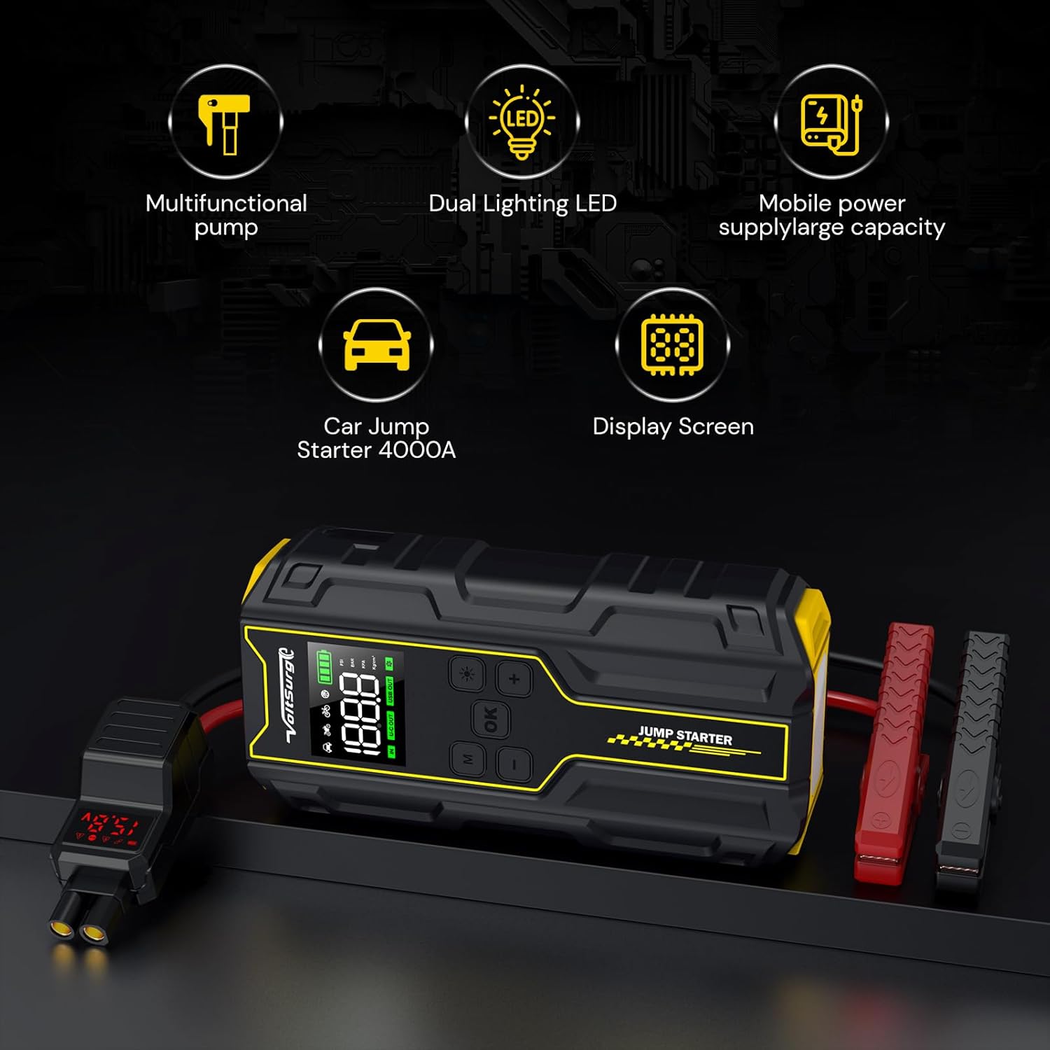 Car Jump Starter with Air Compressor, VoltSurge 5000A Peak 12V Battery Jumper Starter Portable Booster Pack, 150PSI Safe Jump Box with LED Light(Up to 10L Gas/8L Diesel Engine)