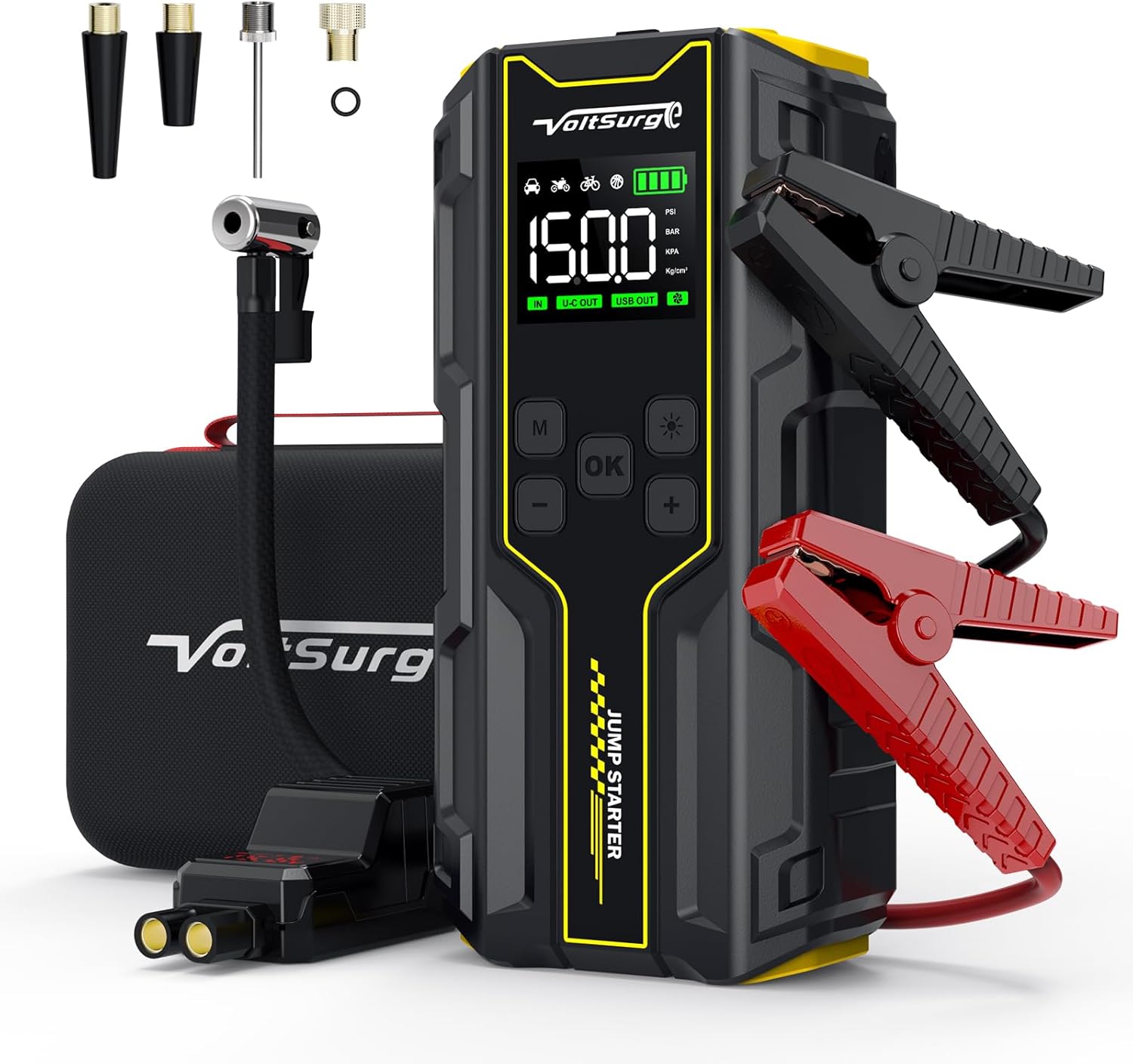 Car Jump Starter with Air Compressor, VoltSurge 5000A Peak 12V Battery Jumper Starter Portable Booster Pack, 150PSI Safe Jump Box with LED Light(Up to 10L Gas/8L Diesel Engine)