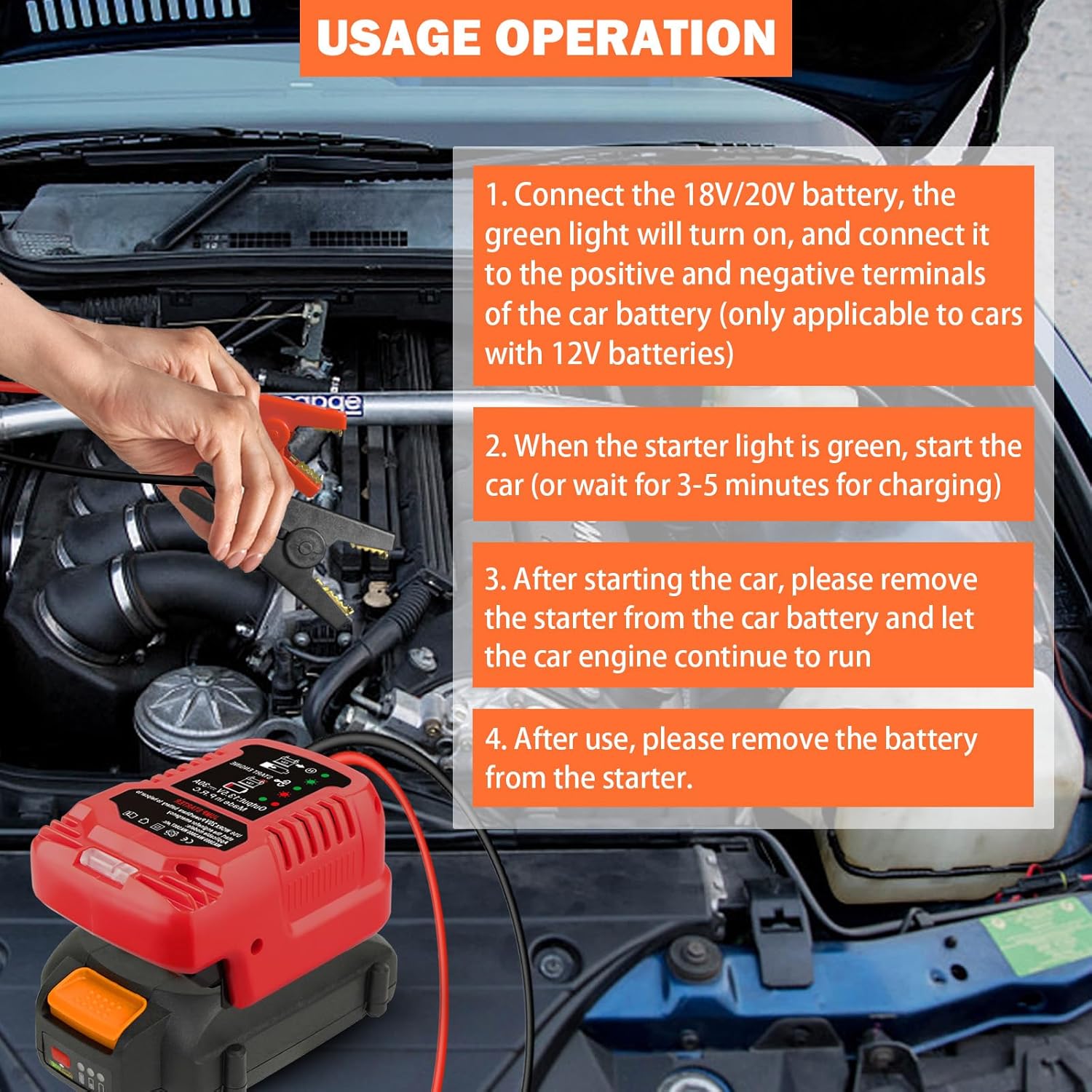 Car Jump Starters Adapter for Worx 20V Battery,11 Gauge Car Battery Jump Starter, Automotive Booster Adapter for Jump Starting Dead or Weak Batteries,Engine up to 3.5 Liters