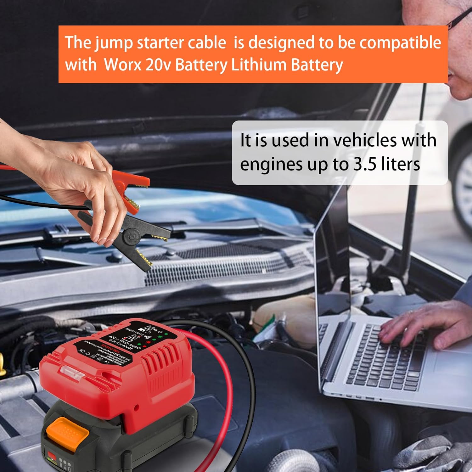 Car Jump Starters Adapter for Worx 20V Battery,11 Gauge Car Battery Jump Starter, Automotive Booster Adapter for Jump Starting Dead or Weak Batteries,Engine up to 3.5 Liters