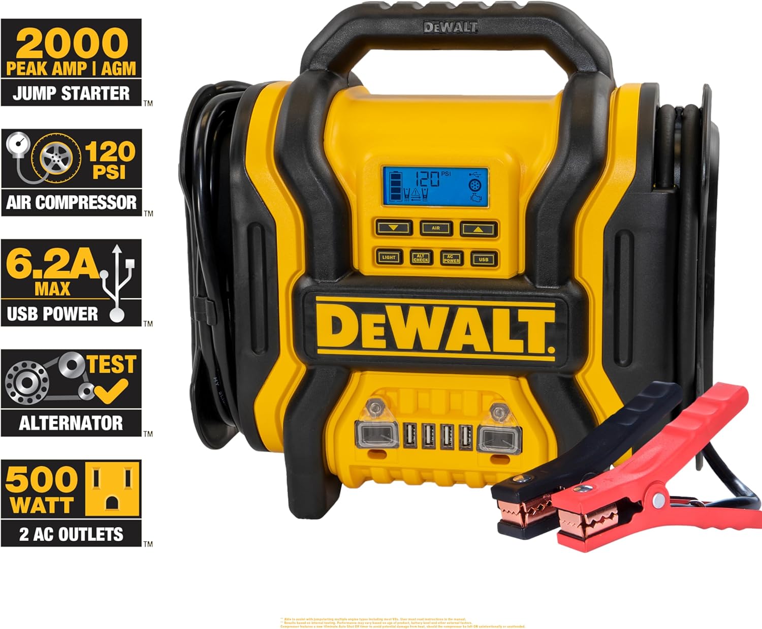 DEWALT DXAEJ14-Type2 Digital Portable Power Station Jump Starter - 1600 Peak Amps with 120 PSI Compressor, AC Charging Cube, 15W USB-A and 25W USB-C Power for Electronic Devices