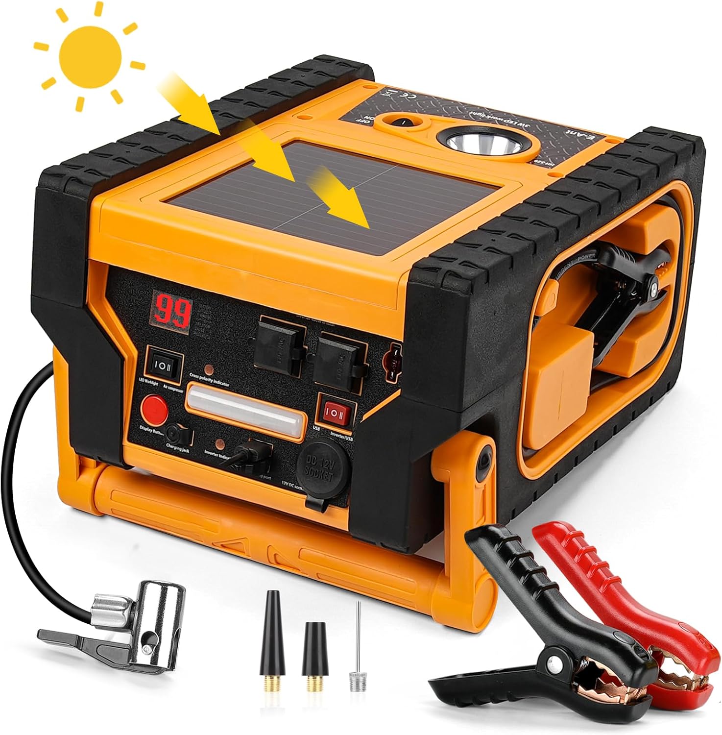 E-Ant 2000A Car Jump Starter with Air Compressor, 5W Solar Panel Portable Power Station, Tire Inflator 260PSI, Car Battery Charger with Inverter Dual 400W AC DC USB Ports, 12V Battery Pack Jump Box