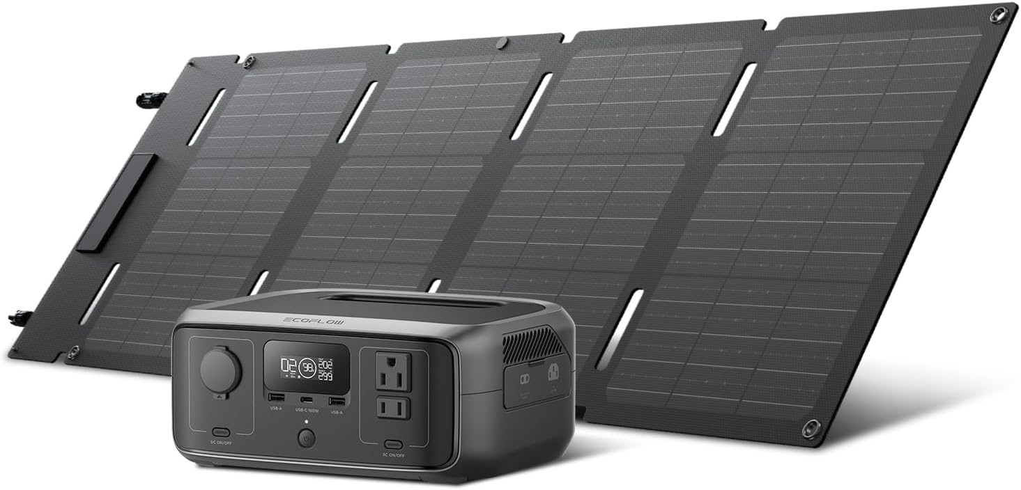 EF ECOFLOW Solar Generator RIVER 3 with 45W Solar Panel, 245Wh Portable Power Station LiFePO4 Battery, 300W Up to 600W AC Output, 20 MS UPS, 1Hr Fast Charging Power Station for Outdoor/Camping/RVs