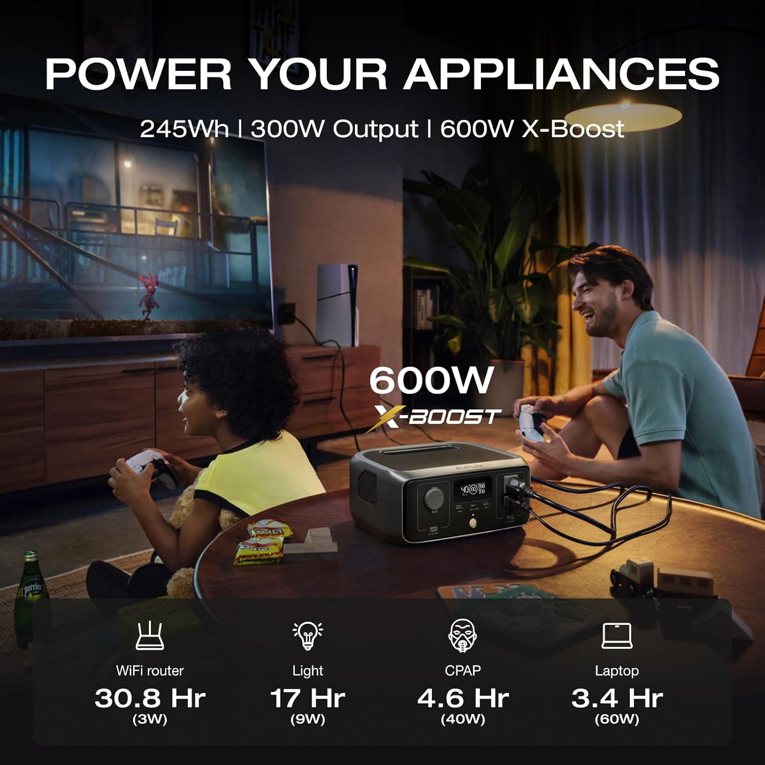 EF ECOFLOW Solar Generator RIVER 3 with 45W Solar Panel, 245Wh Portable Power Station LiFePO4 Battery, 300W Up to 600W AC Output, 20 MS UPS, 1Hr Fast Charging Power Station for Outdoor/Camping/RVs