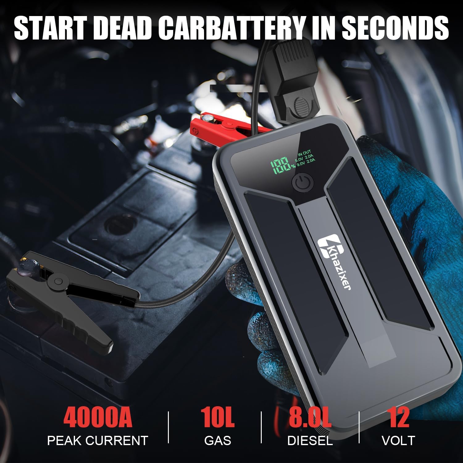 ET02 Car Battery Jump Starter 4000A Peak, 12V Lithium Portable Jumper Starter for up to 10.0L Gas and 8.0L Diesel Engines, 12V Jump Box with LCD Display,3 Modes Flashlight