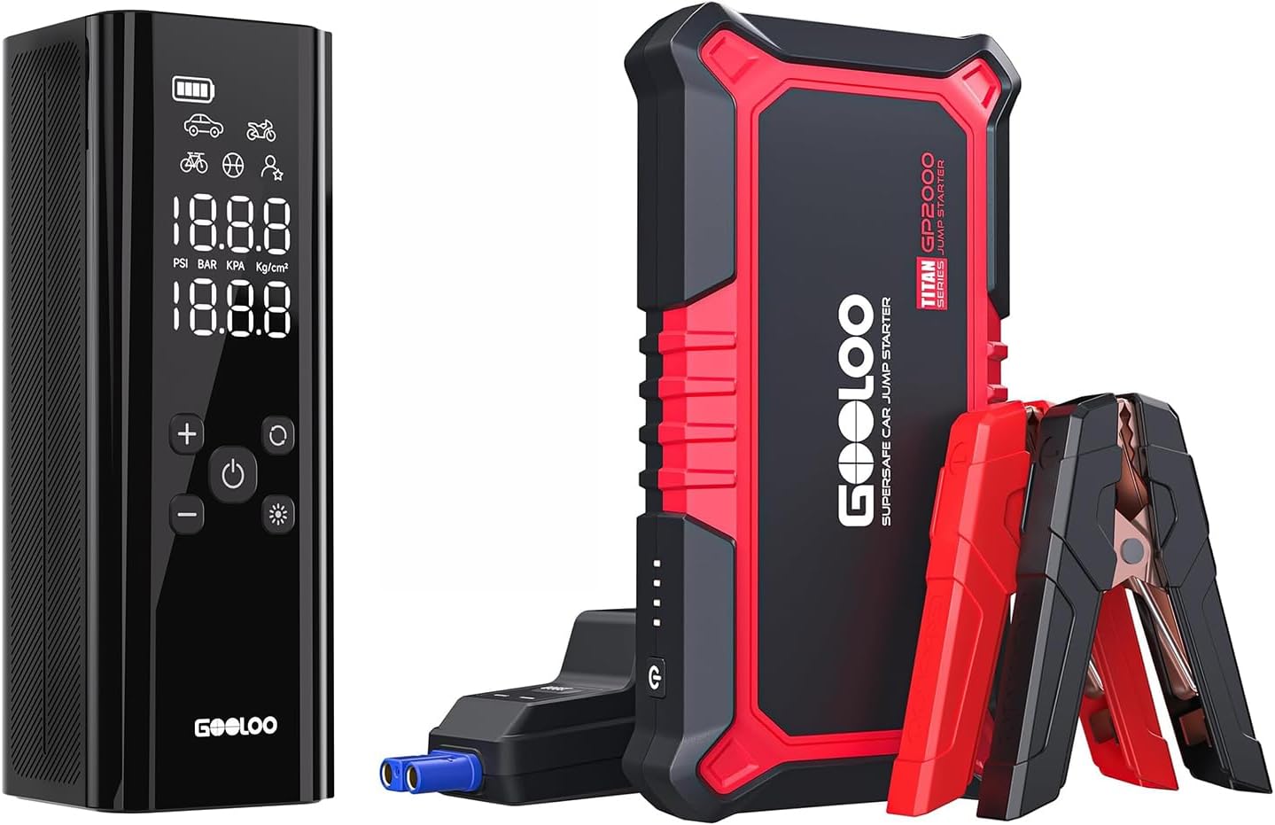 GOOLOO New GP2000 Jump Starter, 12V 2000A Car Jumper Starter(Up to 8.0L Gas, 6.0L Diesel Engines)  OOLOO GT150 Tire Inflator Portable Air Compressor