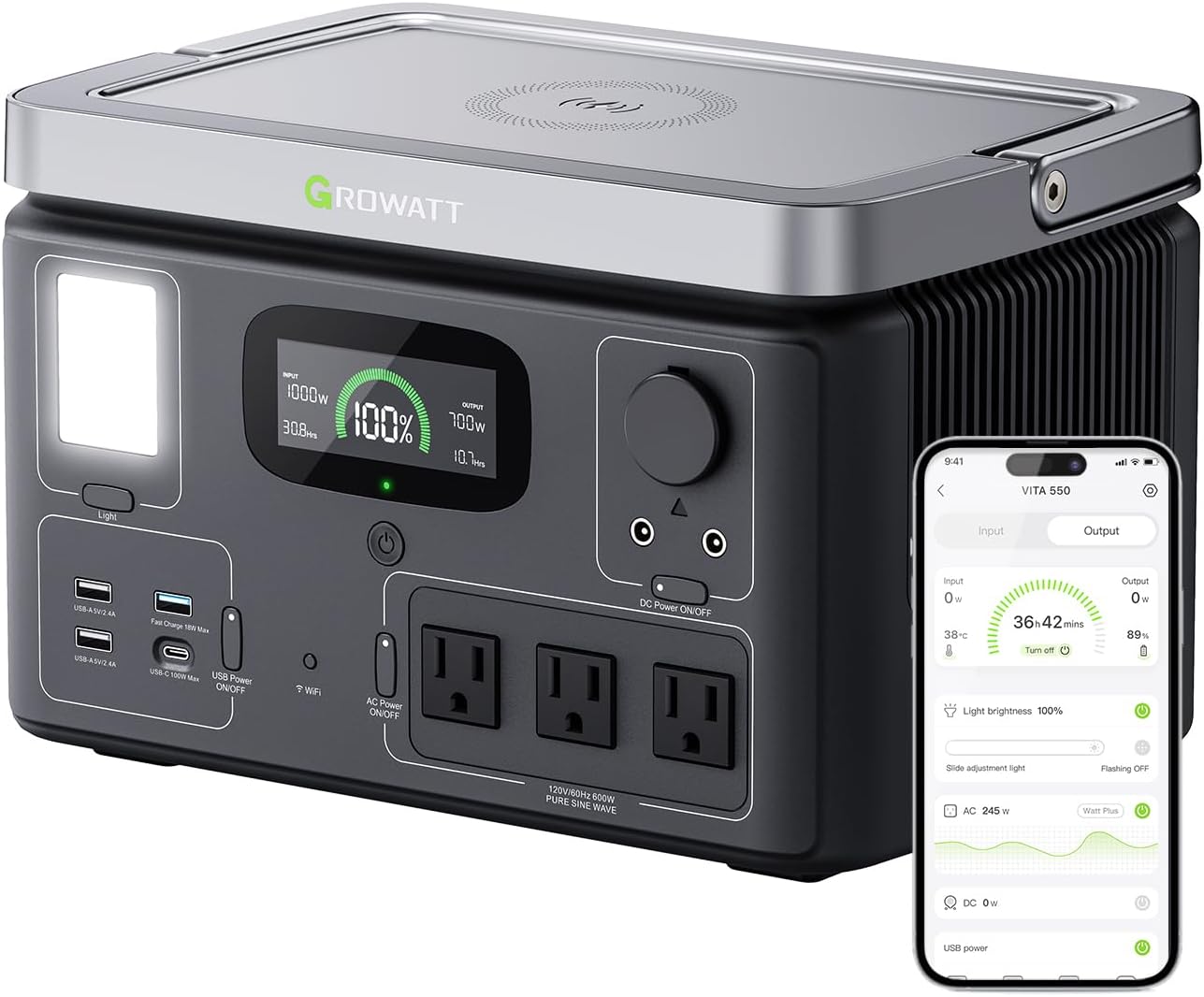 GROWATT Portable Power Station, VITA550 Electric Solar Generator Outdoor with 538Wh LiFePO4 Battery,1 Hour Fast Charging, 600W Output for Home Use, Outdoor Camping, RVs (Solar Panel Optional)