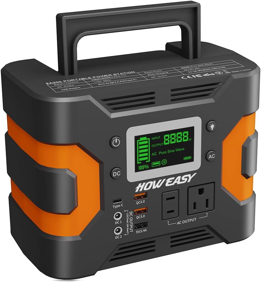 HOWEASY 300W Portable Power Station, 236Wh Solar Generator (without Solar Panel) with Pure Sine Wave 110V AC Outlet, Backup Lithium Battery with LED Light/DC/USB/QC3.0 for Camping Home Use