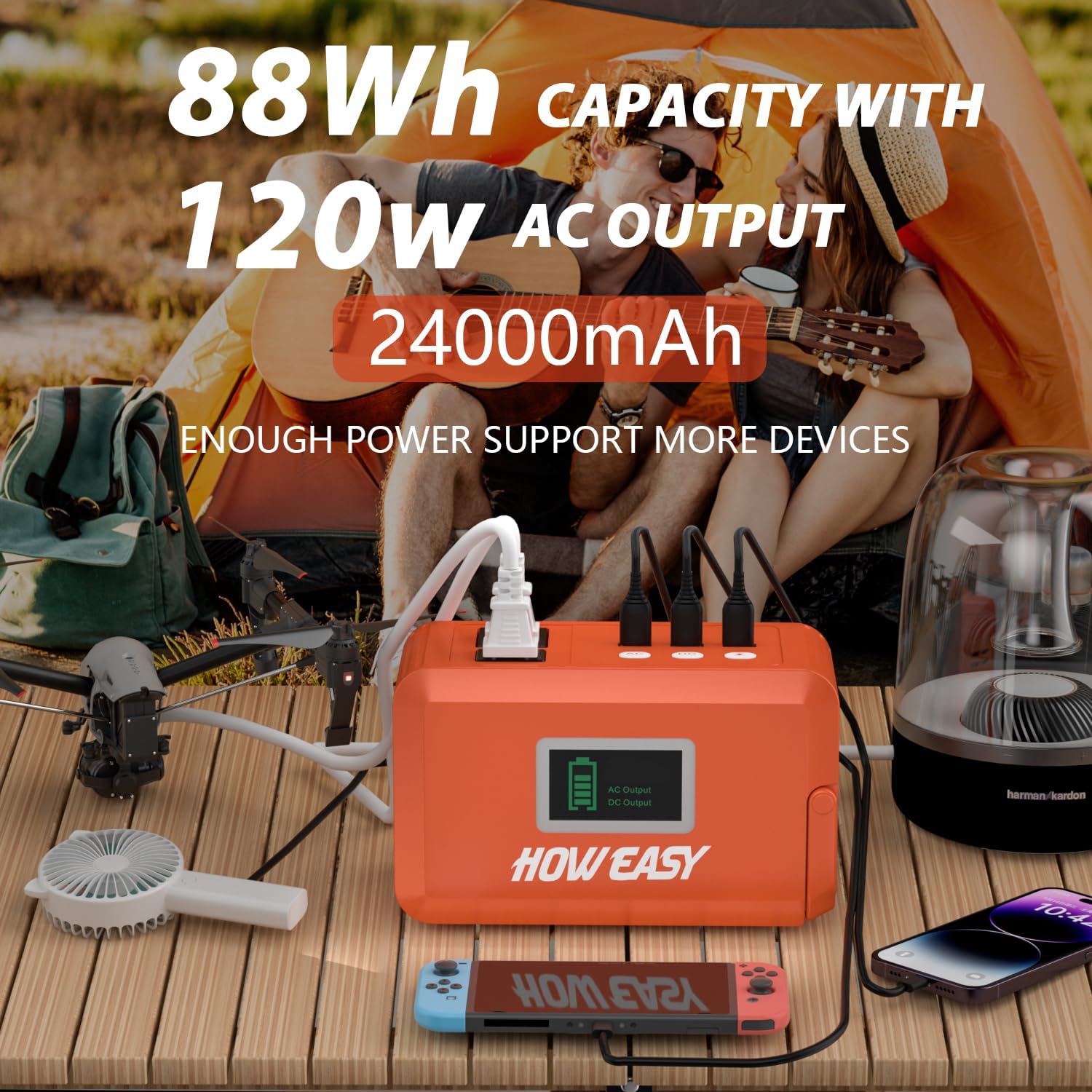 HOWEASY Portable Power Station, 88Wh Solar Generator, Lithium Battery Power with 110V AC 150W Peak Socket/DC/USB/LED Light for Outdoor Camping Trip Hunting Emergency（Solar Panel Not Included）