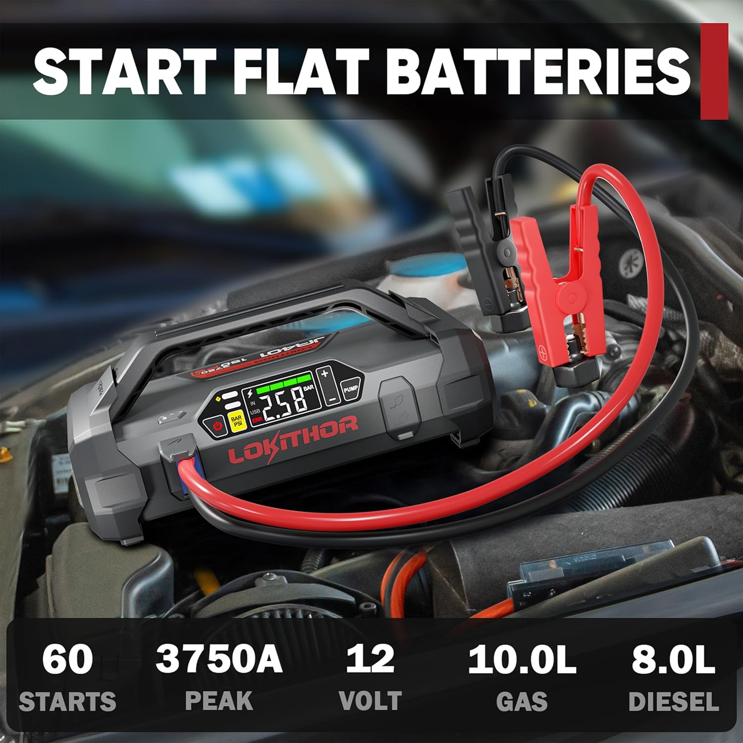 JA401 3750A 12V Jump Starter with Air Compressor, 60W Two-Way Fast Charing, Lithium Battery Starter with 150PSI Digital Tire Inflator, Car Booster Pack for 10.0L Gas or 8.0L Diesel Engines