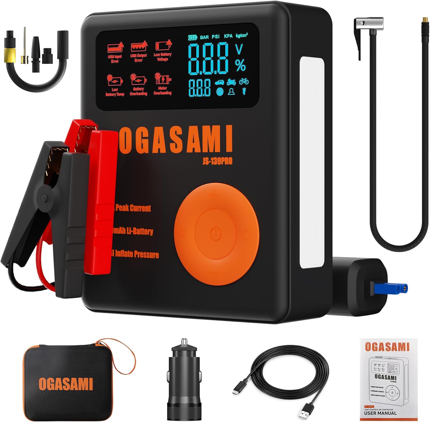 Jump Starter 13000mAh 2000A Peak Current 12V Jumpstart Car Battery with Safety Clamps for 6L Diesel 8L Gas Engine, 150PSI Digital Tire Inflator Air Compressor with LED Light, Power Bank