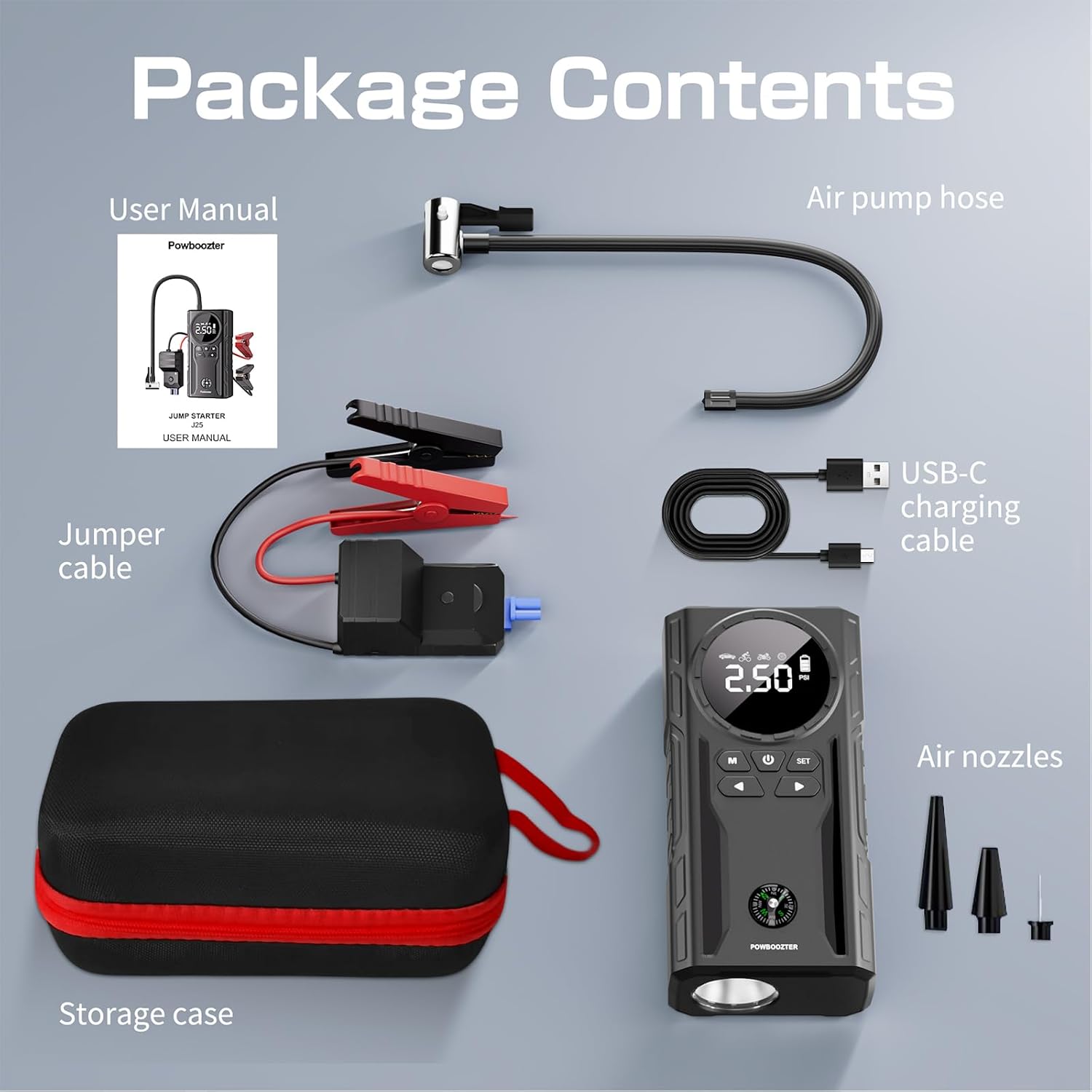 Jump Starter with Air Compressor, 3500A Portable Car Battery Jumper Starter Pack for All Gas and 8.0 Diesel, Tire Inflator with USB Ports, LCD Display, Storage Case, and LED Flashlight
