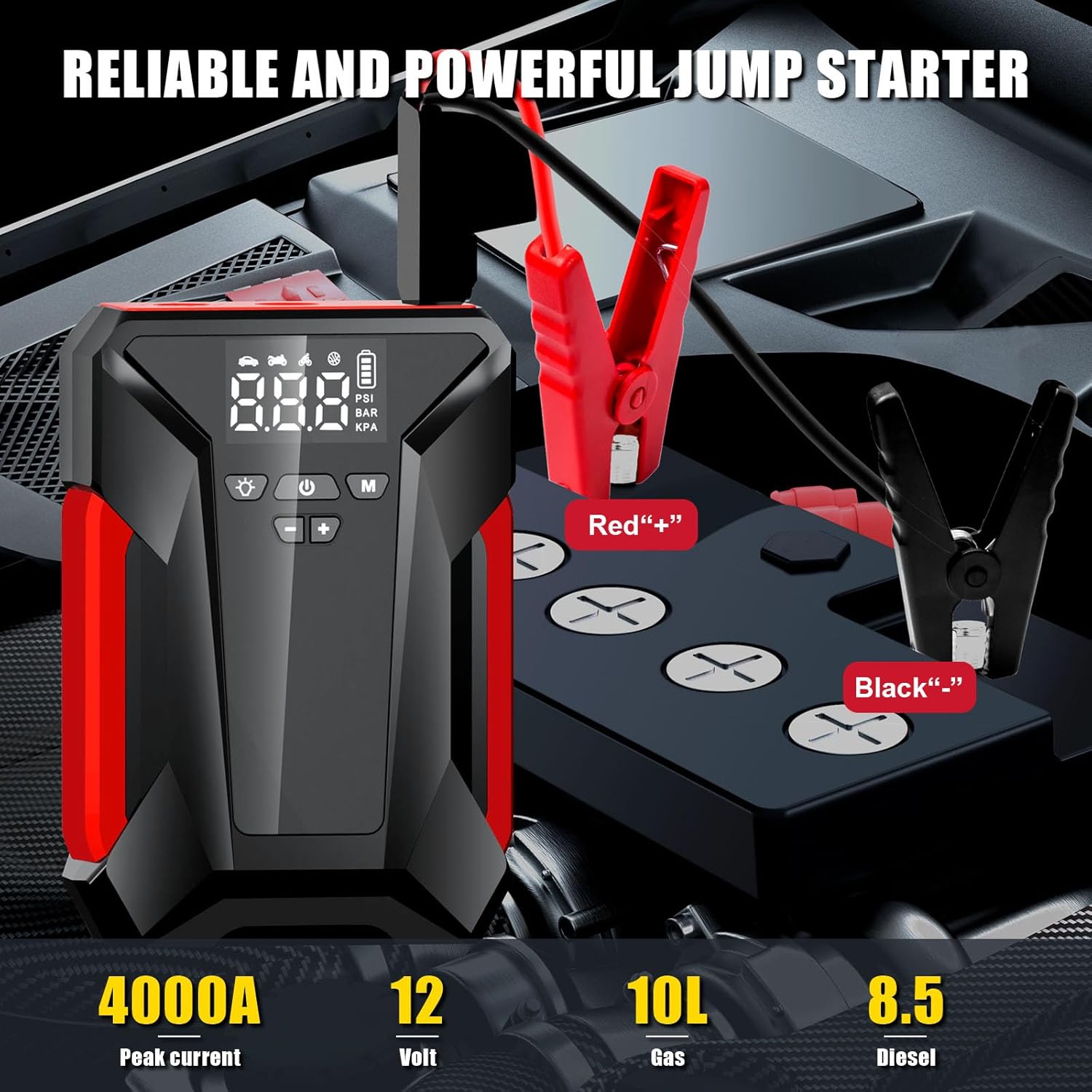 Jump Starter with Air Compressor, 4000A Peak Car Battery Jump Starter Portable (up to 10L Gas or 8.5L Diesel) with Tire Inflator, Emergency LED Light, Leather Storage Bag