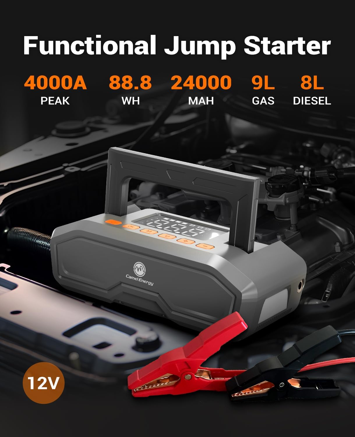 Jump Starter with Air Compressor, 4000A Peak Car Battery Jumper for 9L Gas, 8L Diesel - Portable 12V Battery Charger Booster with 150 PSI Tire Inflator, Jump Box Car Battery Jumper Starter Portable