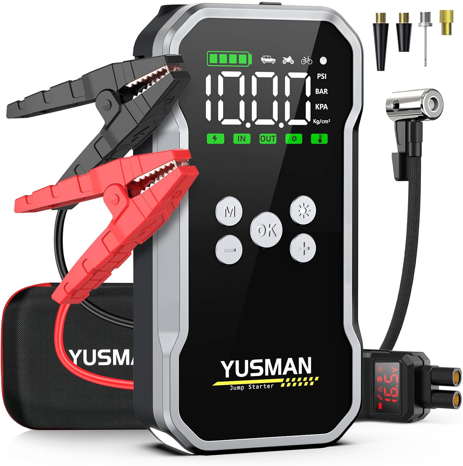 Jump Starter with Air Compressor, 5000A Car Jump Starter, 150PSI Jump Starter Battery Pack (10.0 Gas/7.0L Diesel), 12V Battery Jump Starter with Display, Smart Jumper Cables, 2 LED Light