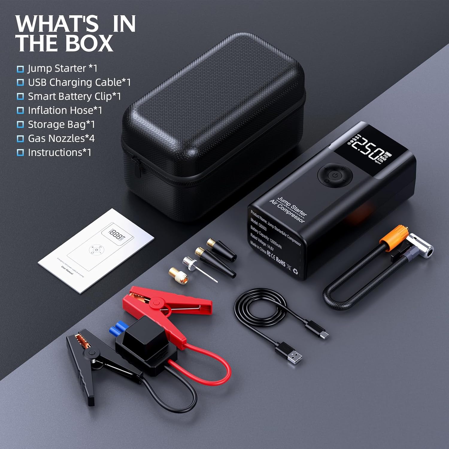 Jump Starter with Air Compressor, LERTIN 3500A 150PSI Portable Car Battery Jump Starter Pack, for Up to 9.0 Gas/8.0L Diesel Engine, 12V Jump Box with USB Quick Charge/3 Modes Lights/Large LCD Display