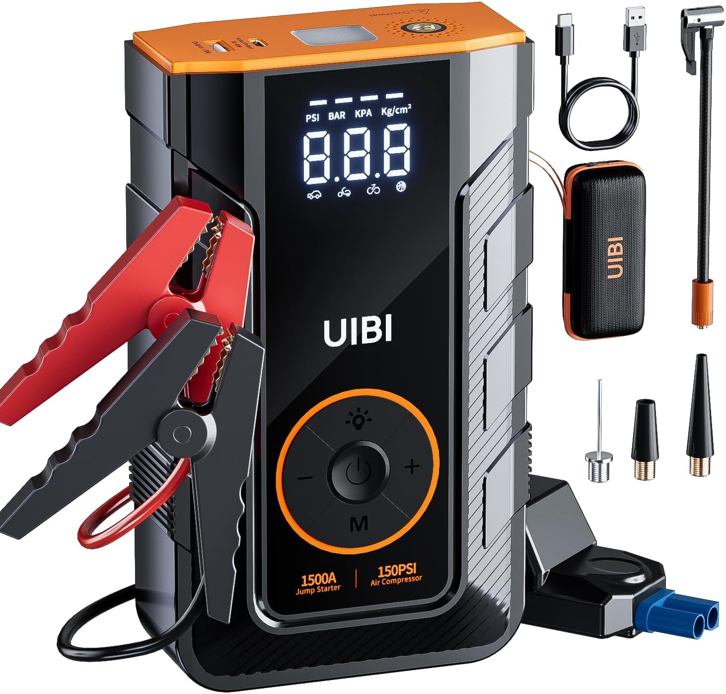 Jump Starter with Air Compressor, UIBI X3 1500A Car Battery Jumper Starter Portable for 7.5L Gas or 5.5L Diesel Engine, 12V Jump Box with Smart Jumper Cables, 150PSI Tire Inflator, PD45W, LED Light