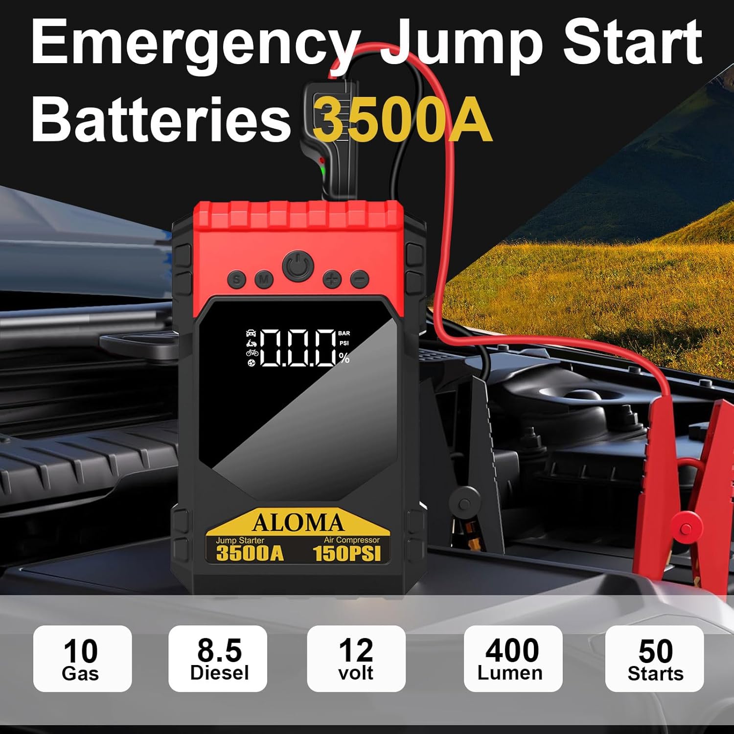 Portable Car Battery Jump Starter - 12V Jump Starter Battery Pack, Portable Car Jump Starter with Air Compressor, 3500A, 150PSI, 12V (All Gas/10L Diesel) Large LCD Display