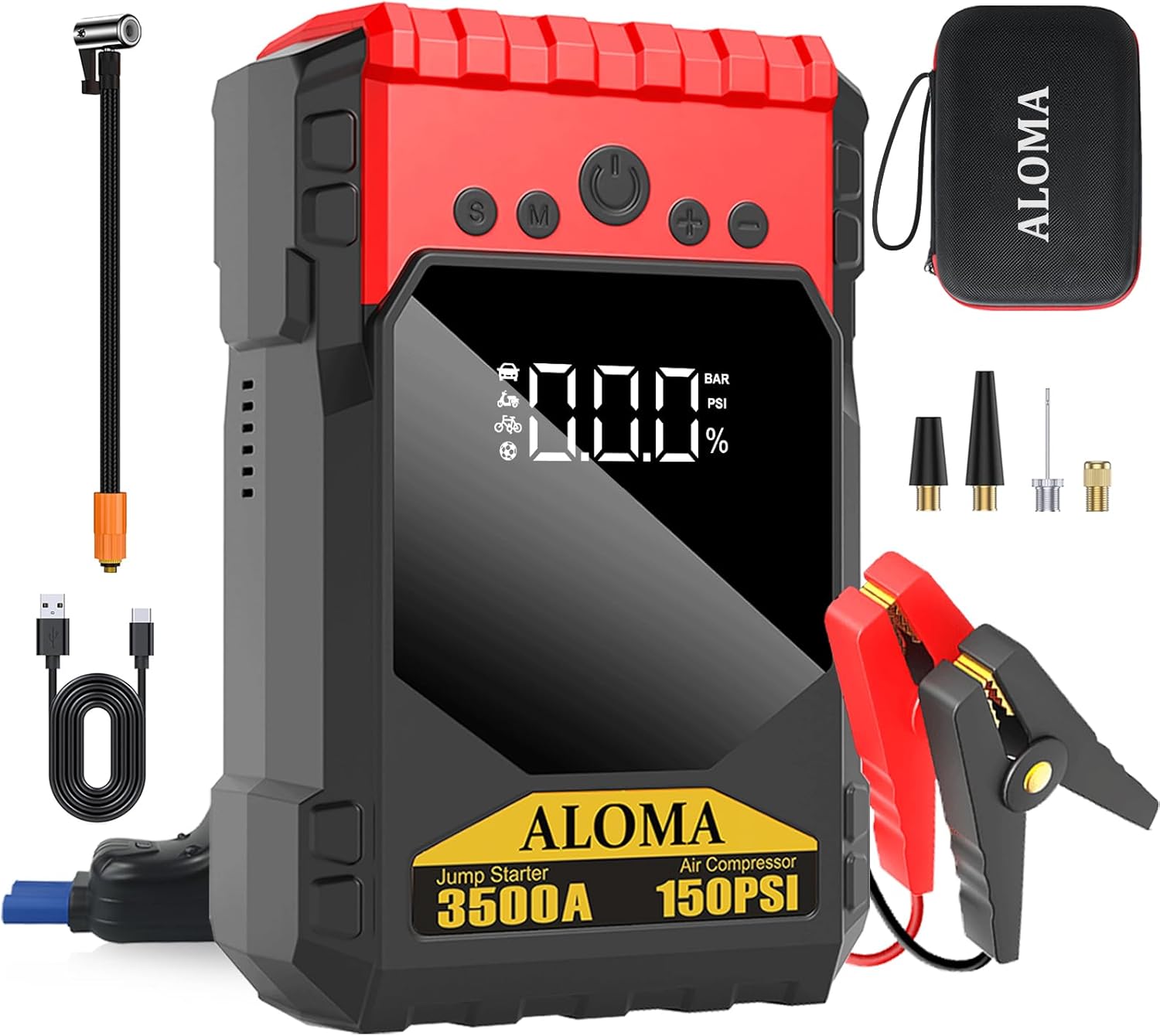 Portable Car Battery Jump Starter - 12V Jump Starter Battery Pack, Portable Car Jump Starter with Air Compressor, 3500A, 150PSI, 12V (All Gas/10L Diesel) Large LCD Display