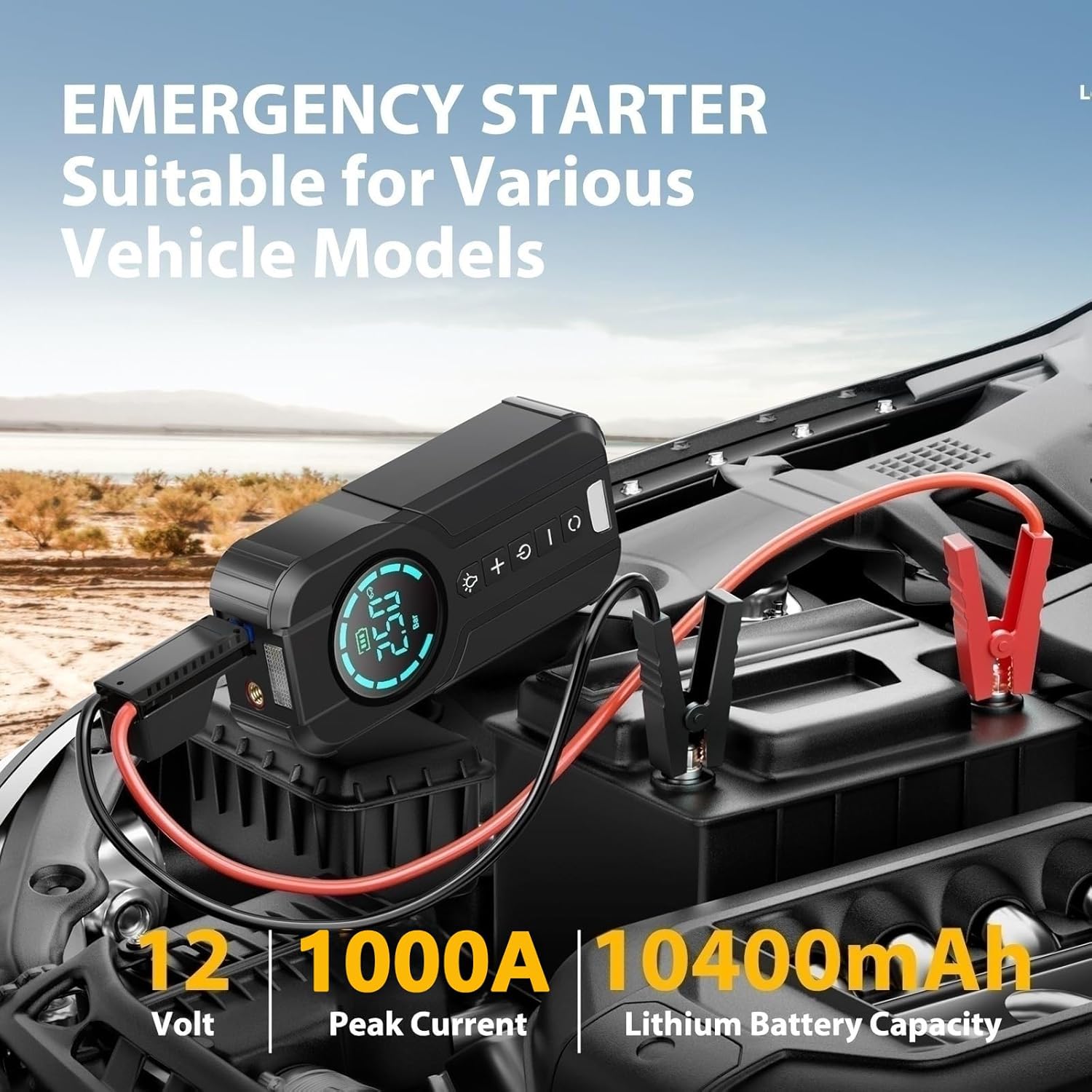 Portable Car Battery Jump Starter with Air Compressor, 1000A 150PSI Peak Jump Starter Battery Pack, 12V Jumper Starter Box with Smart Jumper Cables, Digital Auto Tire Inflator with Large Display