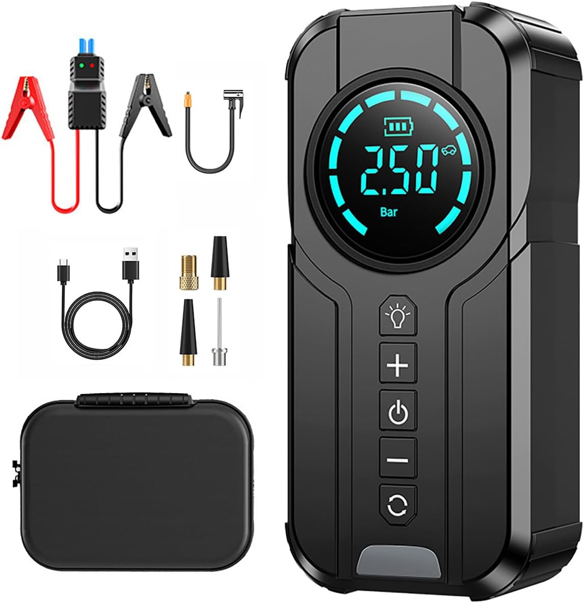 Portable Car Battery Jump Starter with Air Compressor, 1000A 150PSI Peak Jump Starter Battery Pack, 12V Jumper Starter Box with Smart Jumper Cables, Digital Auto Tire Inflator with Large Display