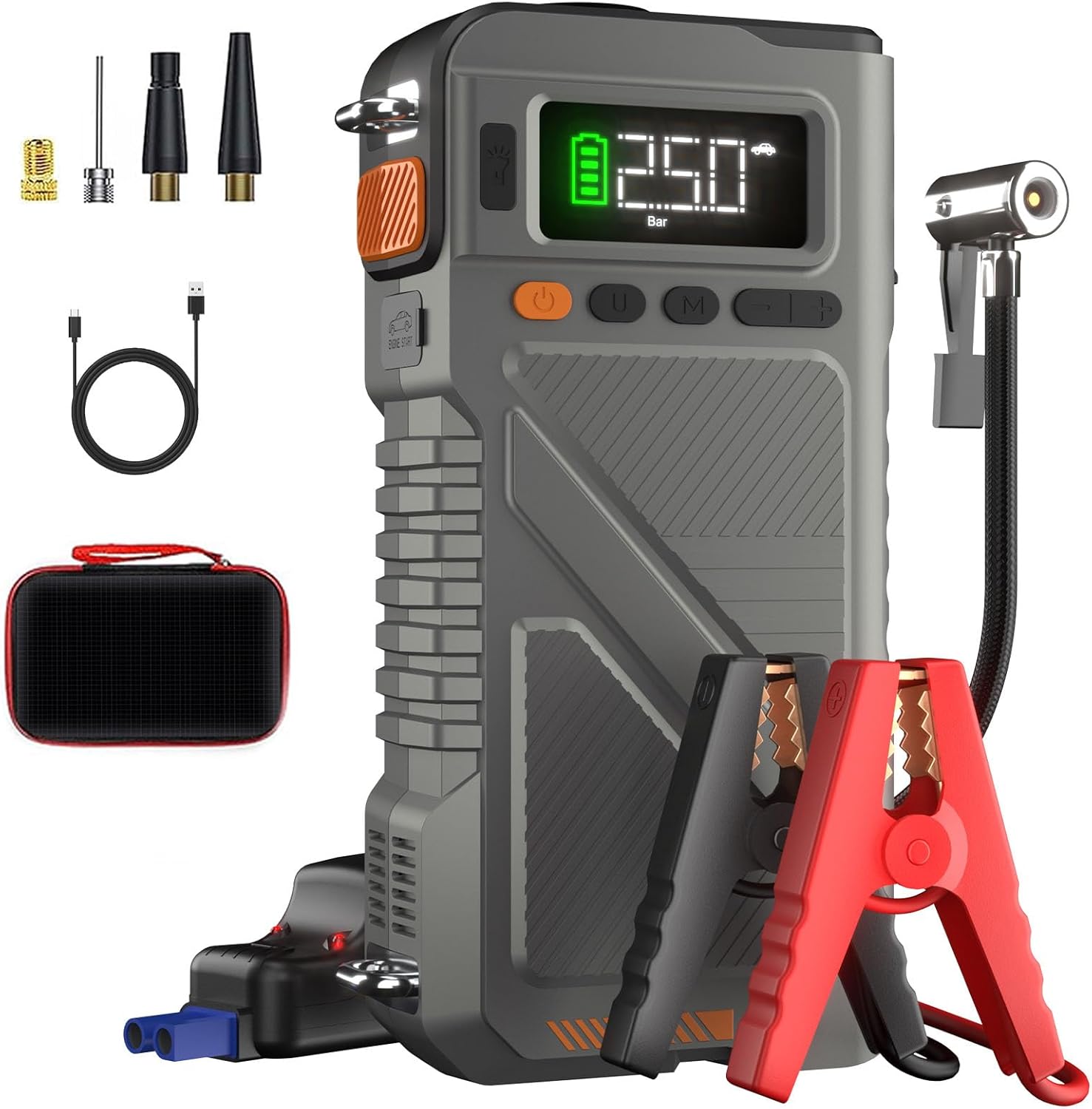 Portable Car Battery Jump Starter with Air Compressor, 5000A Jump Box for Car Battery Charger Jumper Starter Combo 150PSI Tire Inflator, 12V Vehicle Jumpstarter Power Pack for 10L Gas/9L Diesel