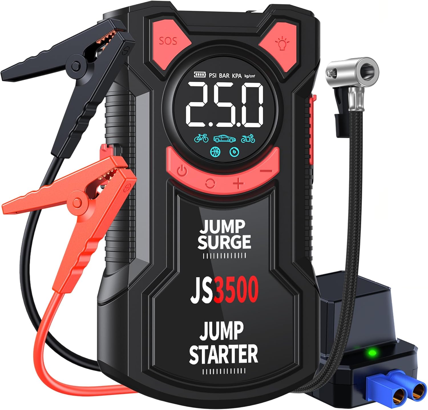 Portable Car Jump Starter with Air Compressor, 150PSI 3000A Car Battery Jump Starter (All Gas/8.0 Diesel), 12V Jump Box Car Battery Jumper Starter with Large LCD Display for Car, Bike, Ball (PJ100)