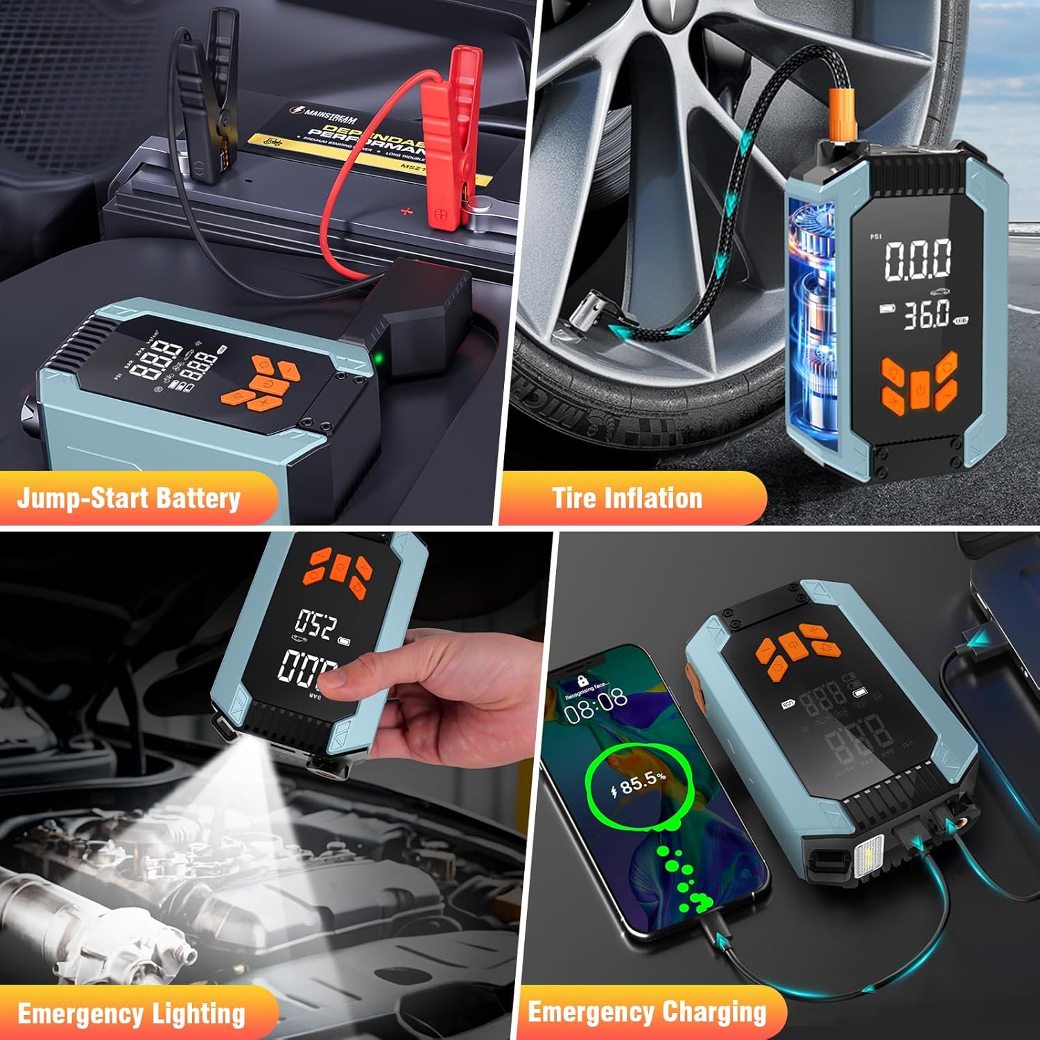 Portable Car Jump Starter with Air Compressor, 2000A 150PSI Jump Starter Power Pack (6.0 Gas/3.0L Diesel), 12V Jump Box with Smart Jumper Cables, Auto-Shutoff Inflator, and Tire Pressure Display.