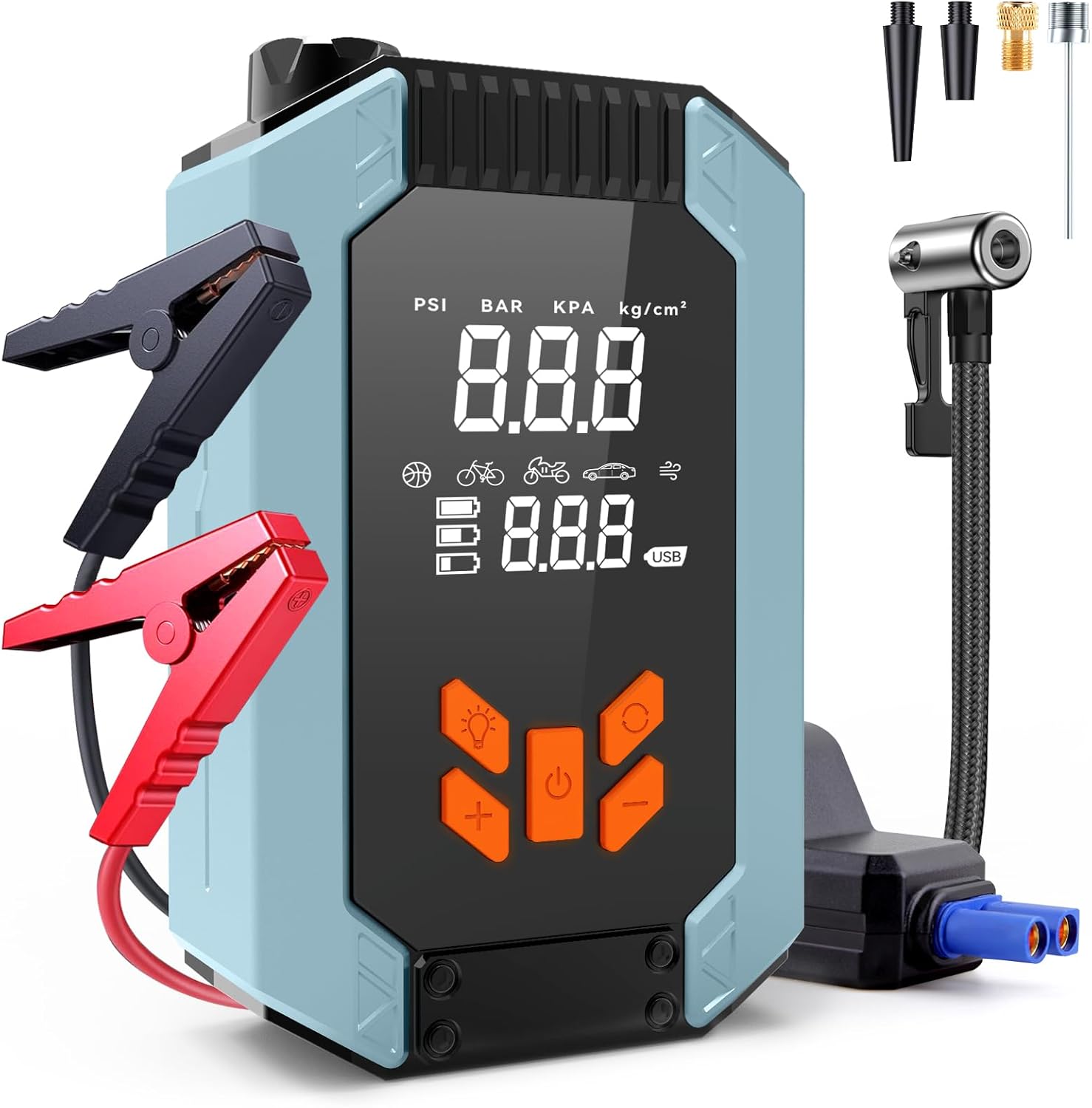 Portable Car Jump Starter with Air Compressor, 2000A 150PSI Jump Starter Power Pack (6.0 Gas/3.0L Diesel), 12V Jump Box with Smart Jumper Cables, Auto-Shutoff Inflator, and Tire Pressure Display.