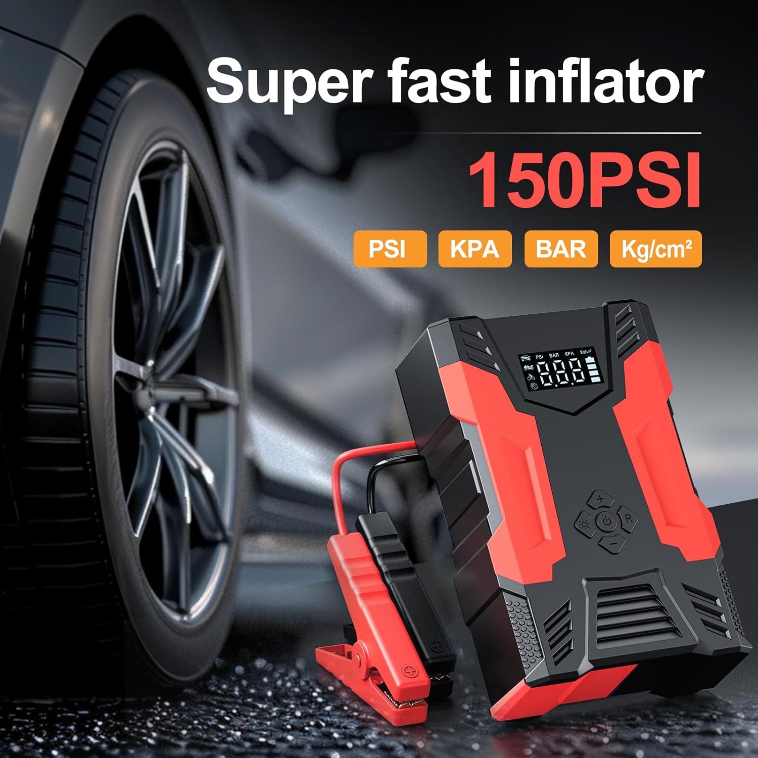 Portable Car Jump Starter with Air Compressor, 3000A Car Battery Jump Starter (9.0 Gas/8.0L Diesel) with 150PSI Tire Inflator, 12V Jump Box Car Battery Jumper Starter with USB Quick Charge, Light