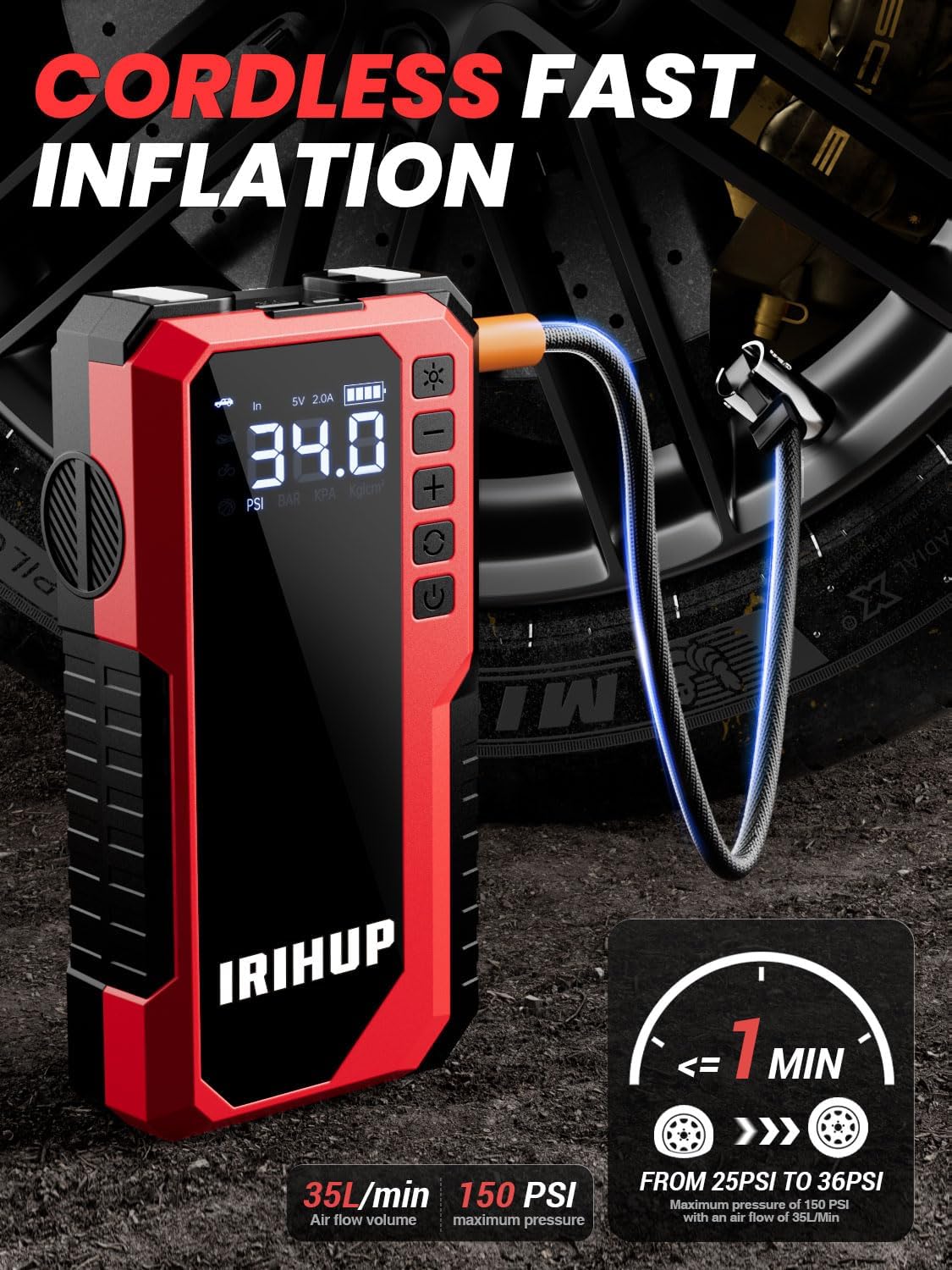 Portable Car Jump Starter with Air Compressor, 3000A Car Battery Jump Starter (9.0 Gas/8.0L Diesel) with Cordless Tire Inflator, 12V Jump Box Car Battery Booster with LCD Display, 3 Modes LED Light