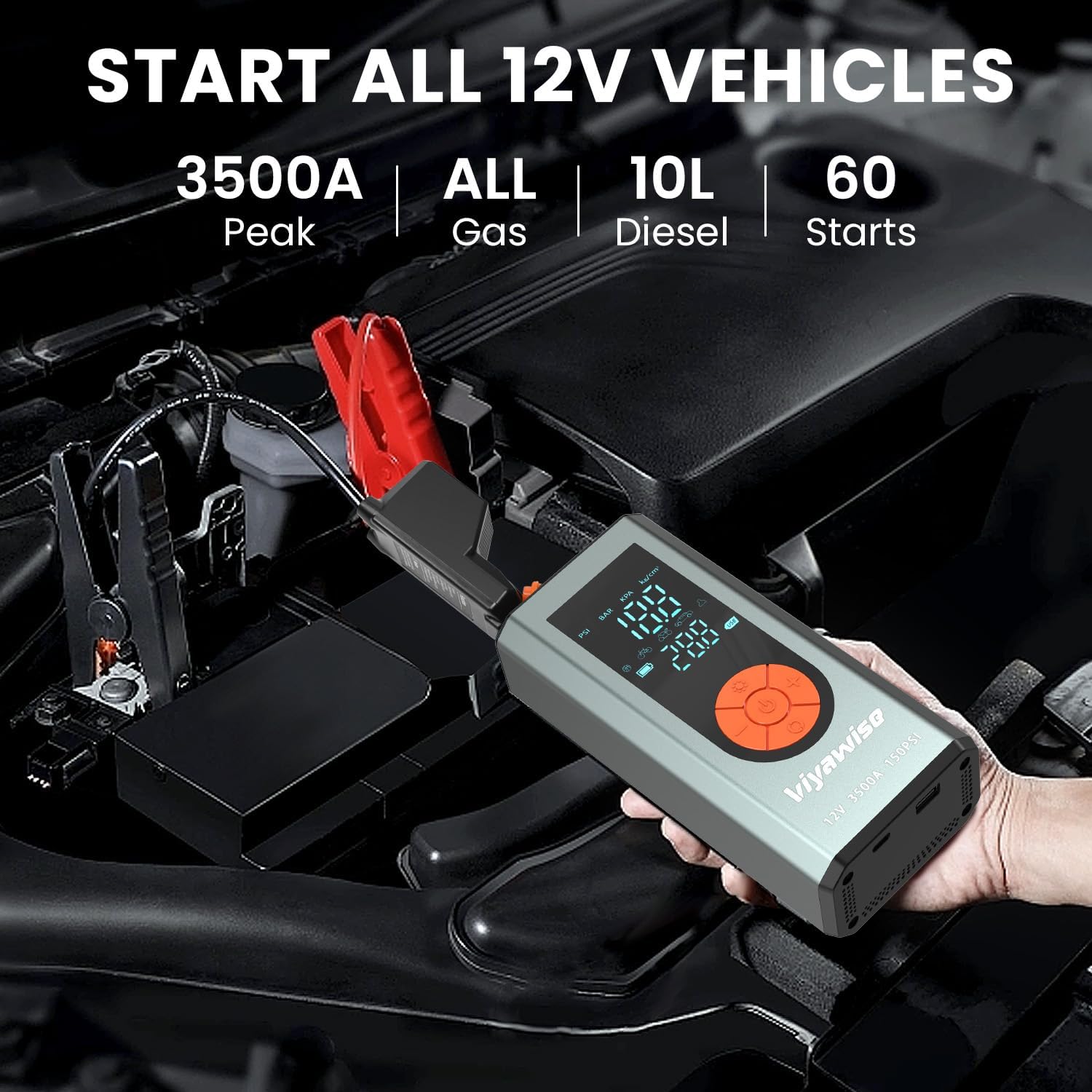 Portable Car Jump Starter with Air Compressor, 3500A Jumper Starter Battery Pack with 150PSI Tire Inflator,12V Jump Box for Charger with LCD Display (Up All Gas/8L Diesel Engine)