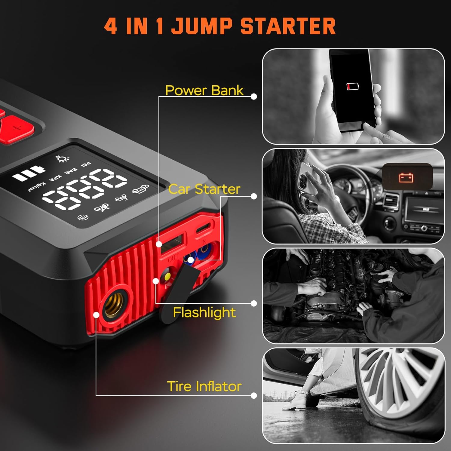 Portable Car Jump Starter with Air Compressor 3500A Portable Car Battery Booster with 150PSI Tire Inflator 12V Jump Box Car Battery Jumper Starter(All Gas/8L Diesel) with LCD Display Flashlight