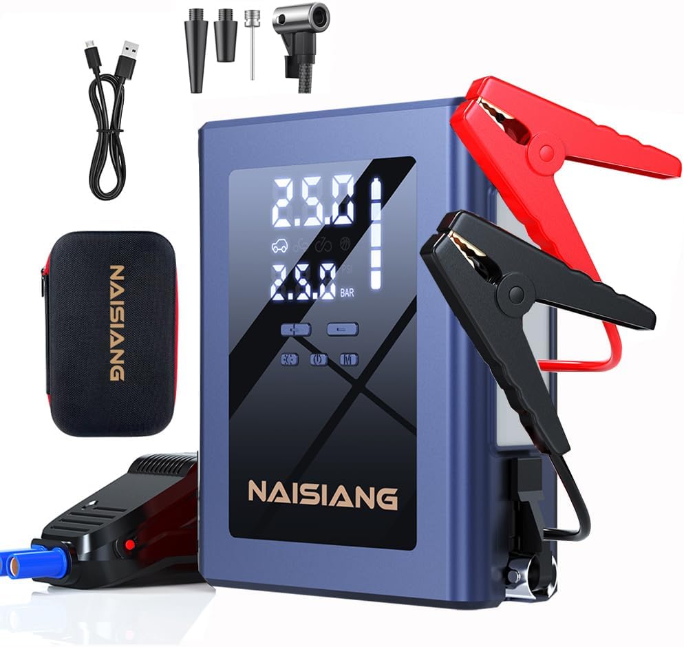 Portable Car Jump Starter with Air Compressor, 4000A 150PSI Car Battery Jump Starter Battery Pack (All Gas/10L Diesel), 12V Car Jump Box Car Battery Jumper Starter, Large LCD Display Lights